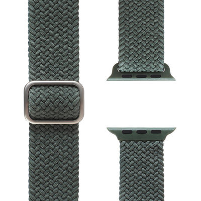 Das geflochtene Flex Loop Armband für die Apple Watch in Dunkelgrün wird aus drei Blickwinkeln gezeigt: Nahaufnahme der Schnalle, Draufsicht des Anschlusses und Ansicht von unten für einfache Befestigung der Apple Watch und optimalen Tragekomfort.