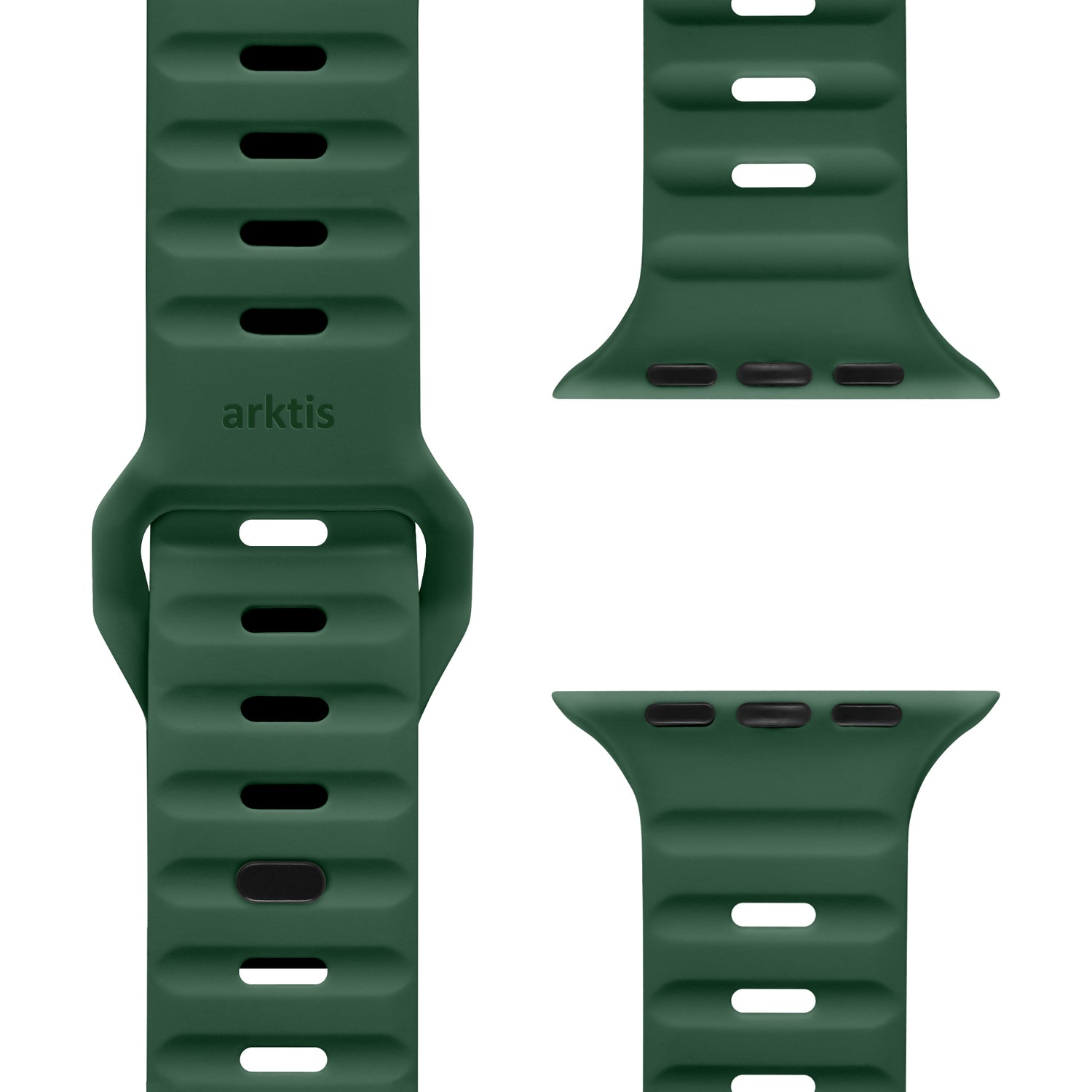 Das arktisband Apple Watch Silikonarmband „Active“ in Dunkelgrün wird aus drei Winkeln auf weißem Hintergrund gezeigt, wobei der Markenverschluss, die geriffelte Textur und die Befestigungspunkte hervorgehoben werden.