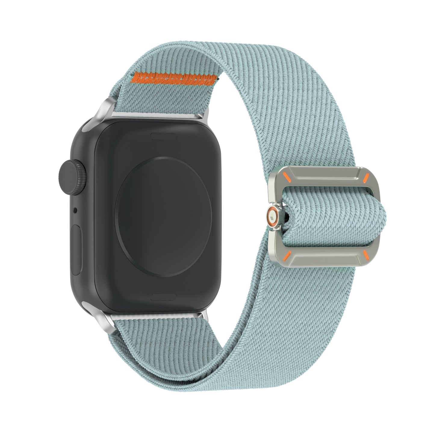 Das arktisband Apple Watch Nylonarmband "FlexOne" von arktisband, mit hellblauem Stretch-Nylonband und schwarzem Gehäuse, von hinten gesehen.