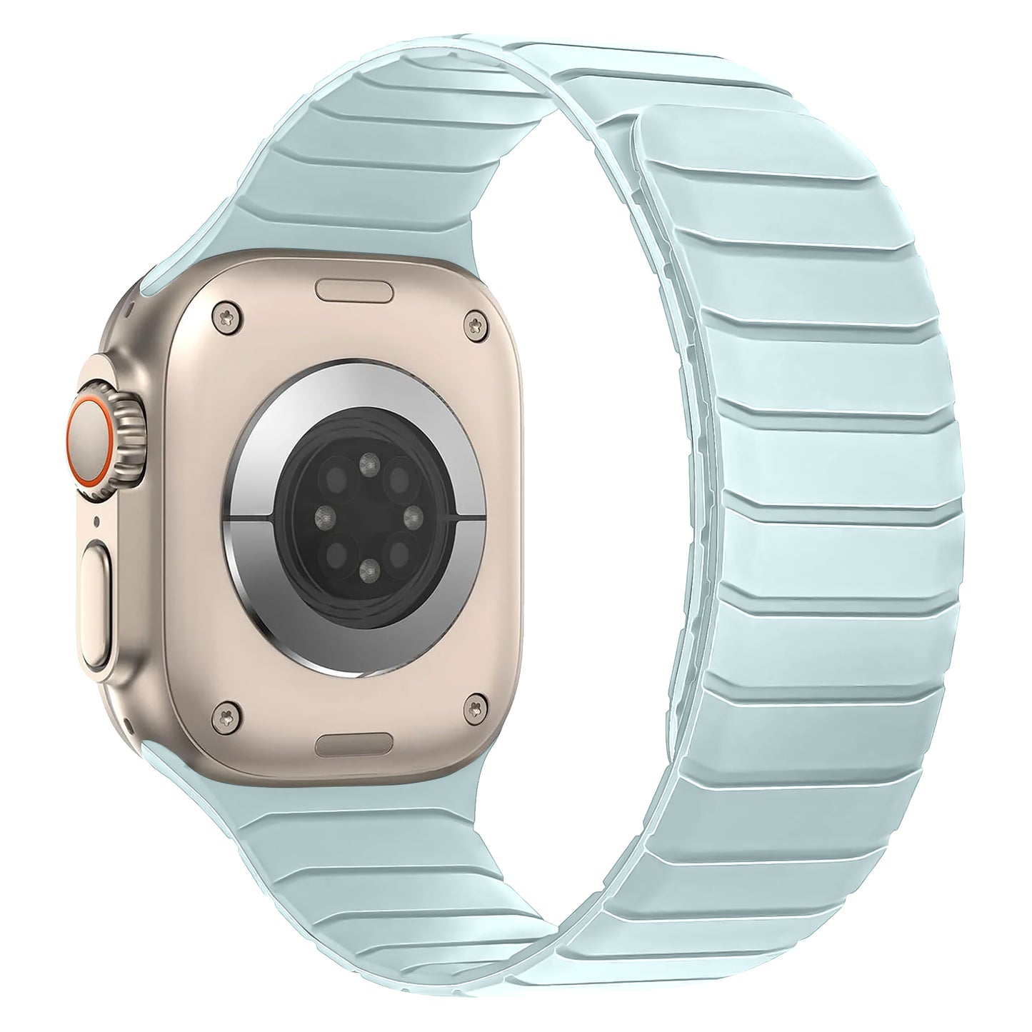 Eine silberne Smartwatch mit einem hellblauen Arktisband. Apple Watch magnetisches Armband „MagFlow“ mit Magnetverschluss, von hinten und von der Seite abgebildet.