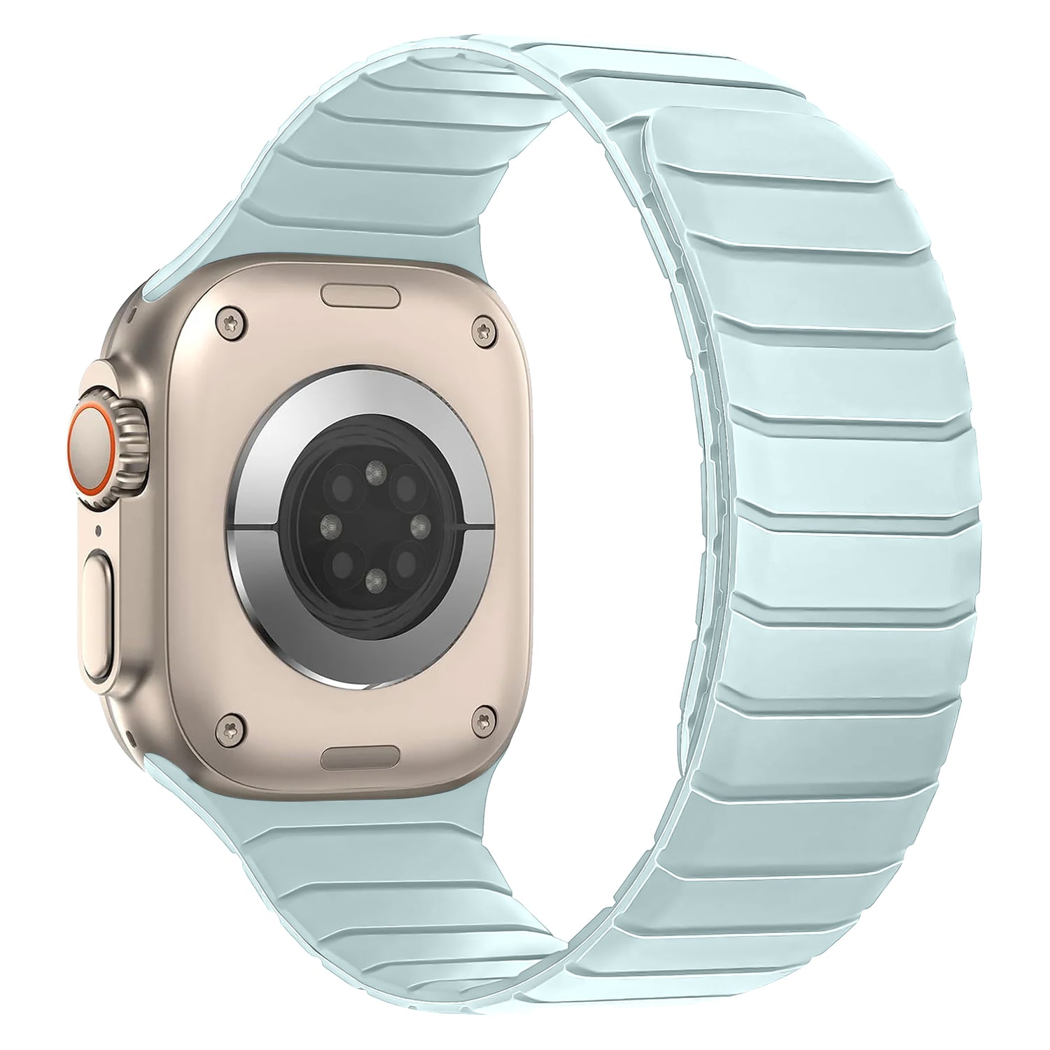 Eine silberne Smartwatch mit einem hellblauen Arktisband. Apple Watch magnetisches Armband „MagFlow“ mit Magnetverschluss, von hinten und von der Seite abgebildet.