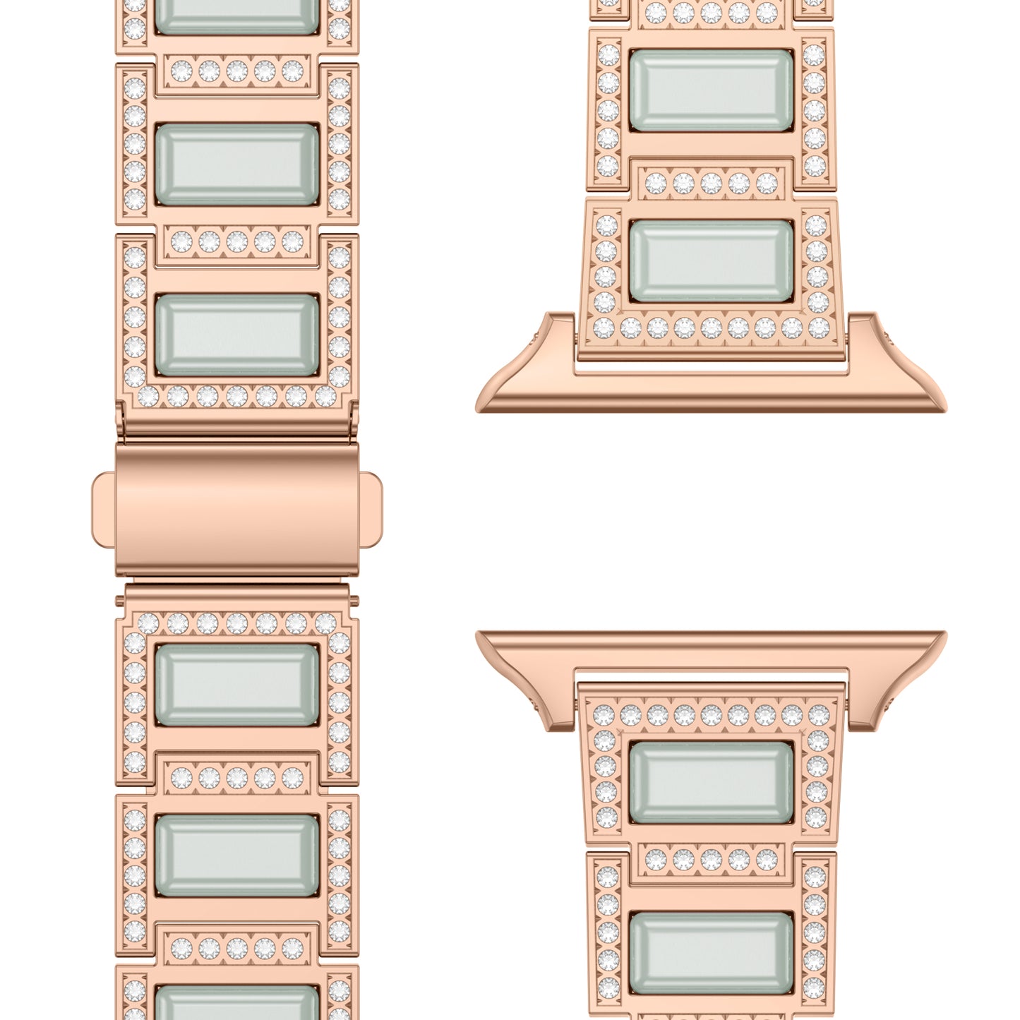Eine Nahaufnahme des arktisband Apple Watch Gliederarmband „Senorita“ in Roségold, mit rechteckigen hellgrünen Kunstharz-Mittelstücken und Reihen runder Strasssteine-Besetzung, dargestellt aus mehreren Blickwinkeln.