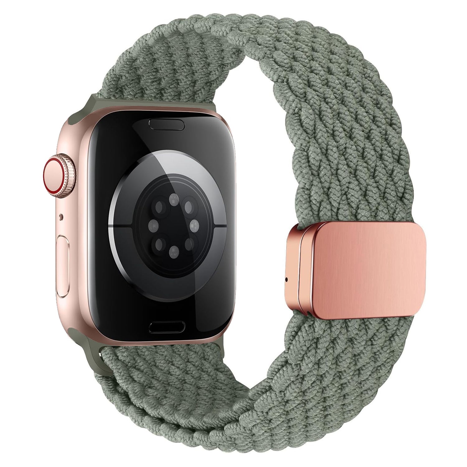 Das arktisband Geflochtene Apple Watch Armband „Casual“ mit Magnetverschluss in Grün wird mit einem roségoldenen Apple Watch Gehäuse auf weißem Hintergrund dargestellt.