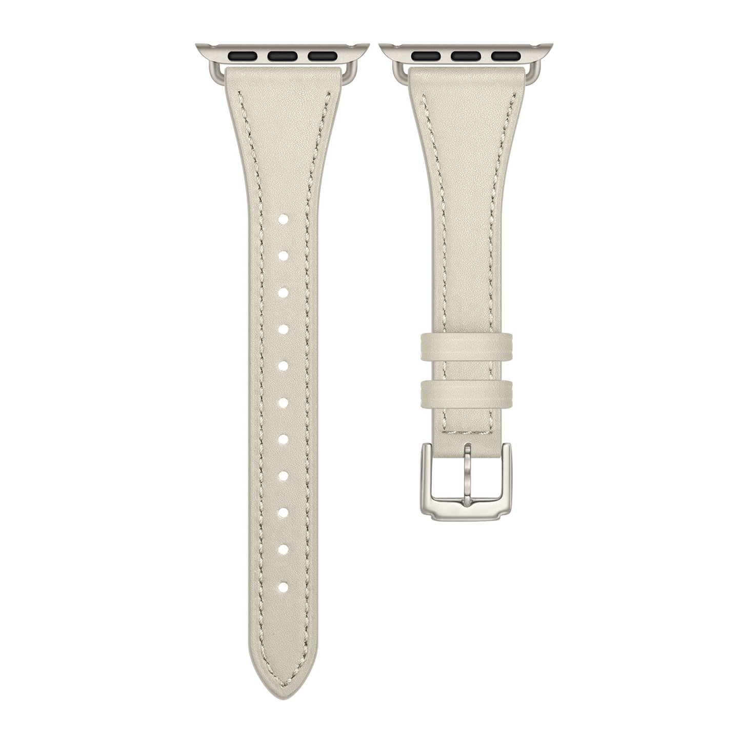 Das arktisband Apple Watch Lederarmband „Napoli“ von arktisband zeigt sich in Beige, besteht aus zwei Teilen mit silberner Hardware und besticht durch minimalistischen Stil mit Schnallen, Löchern und abgerundetem Ende.