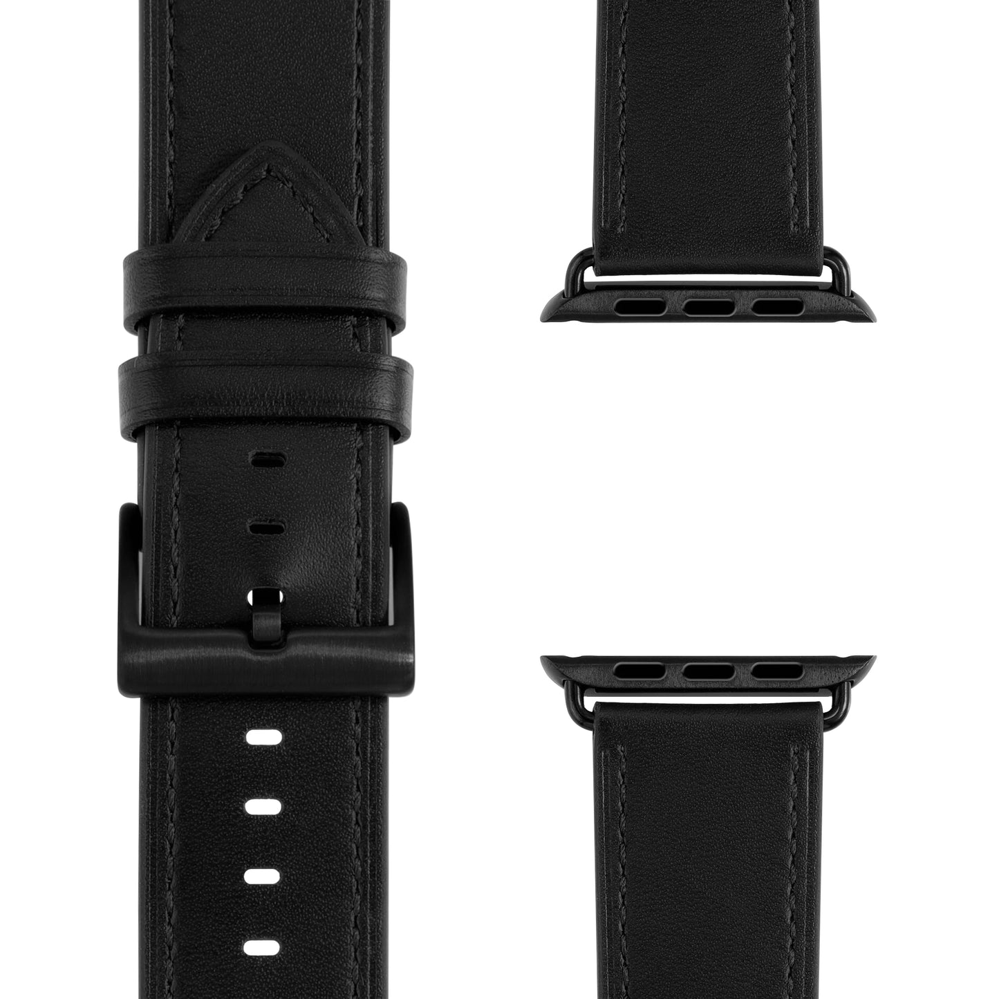 Das arktisband Apple Watch Lederarmband "Premium" von arktisband besteht aus echtem schwarzem Leder, einer mattschwarzen Schließe und zwei Anschlüssen für perfekte Kompatibilität mit der Apple Watch. Die Draufsicht unterstreicht die hochwertige Verarbeitung und Passform.