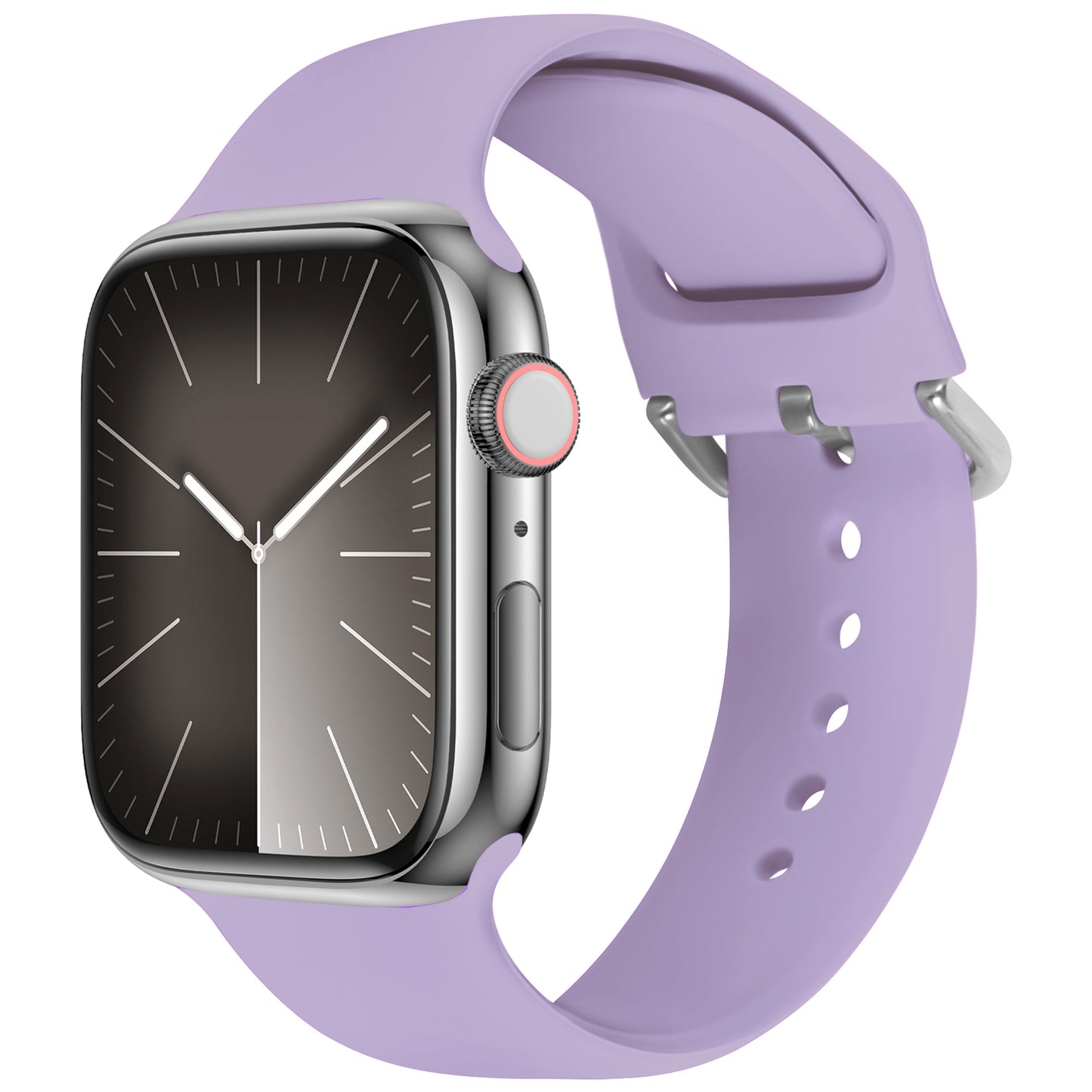 Das arktisband Apple Watch Silikonarmband „Aqua“ verfügt über ein hellviolettes Sportarmband, ist mit der Apple Watch kompatibel und mit einer Smartwatch mit silbernem Gehäuse und rechteckigem schwarzen Bildschirm gepaart, auf dem ein analoges Zifferblatt schräg auf weißem Hintergrund angezeigt wird.