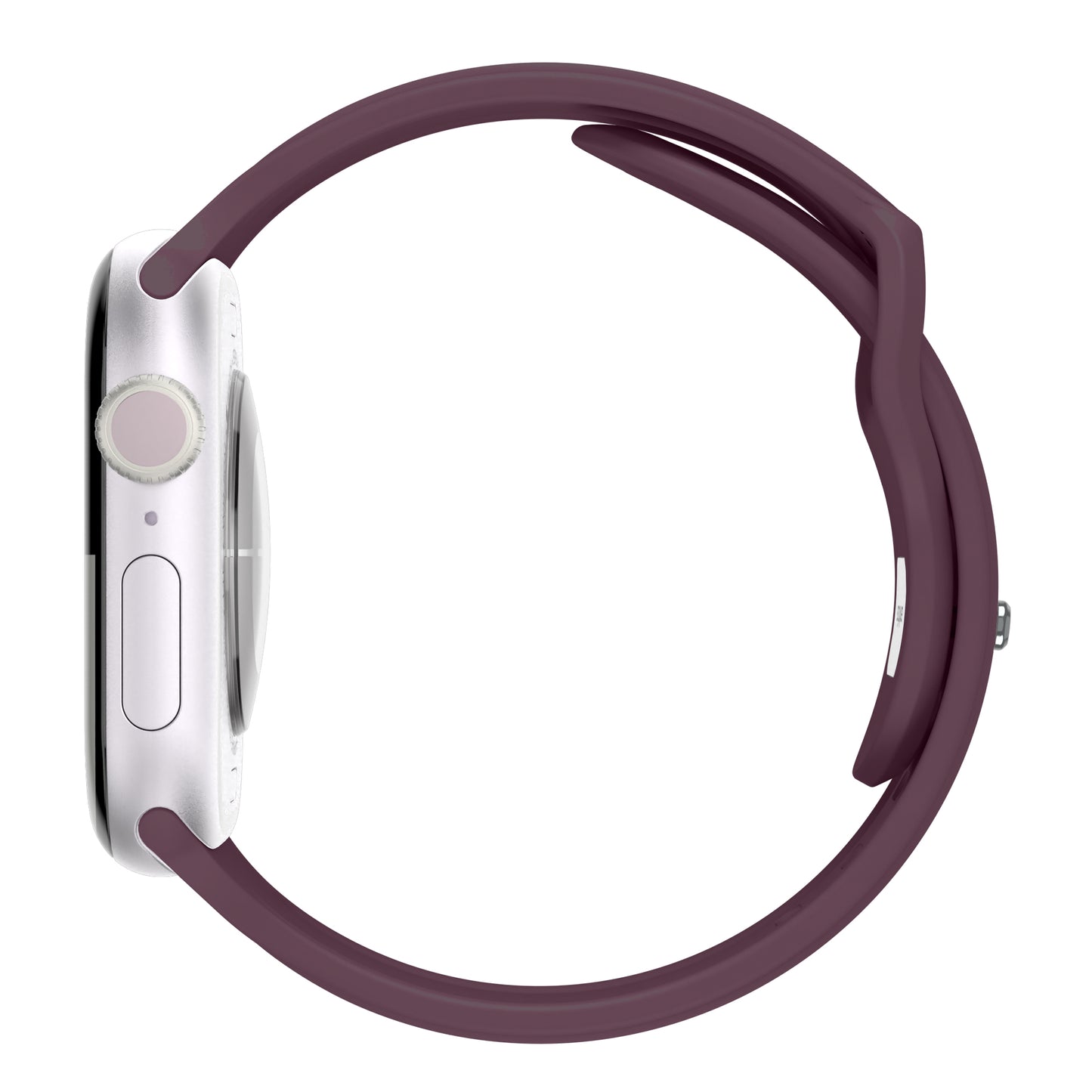 Seitenansicht des arktisband Apple Watch Armbands "Skandi" von arktisband mit lila Fluorelastomer-Sportband, rundem Zifferblatt, Knöpfen und dezenten Skandi-Design-Elementen.