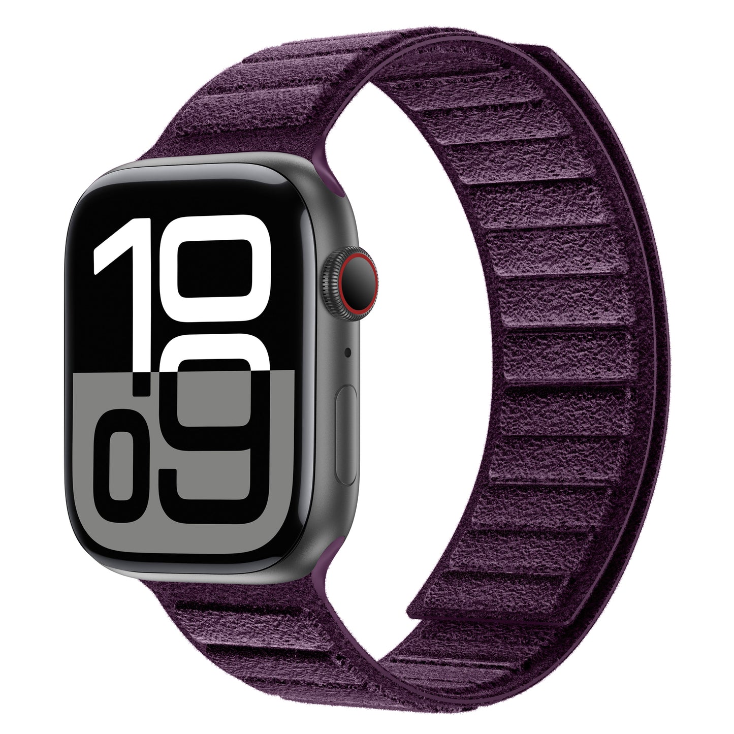 Das arktisband Apple Watch magnetisches Armband aus Alcantara verfügt über ein stilvolles lilafarbenes strukturiertes Armband und eine auffällige weiße Digitalanzeige, die italienische Handwerkskunst für Komfort und Stil widerspiegelt.
