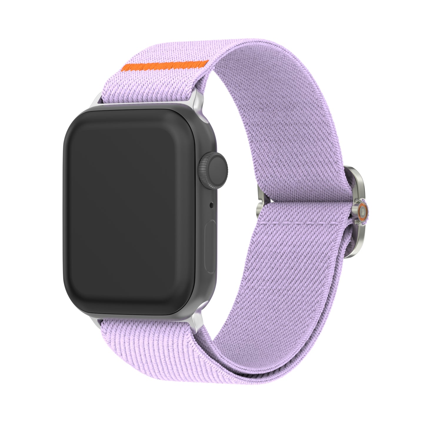 Das arktisband Apple Watch Nylonarmband "FlexOne" hat ein lavendelfarbenes Stretch-Nylonband, einen orangefarbenen Akzent und passt zu Apple Watches mit schwarzem Bildschirm.
