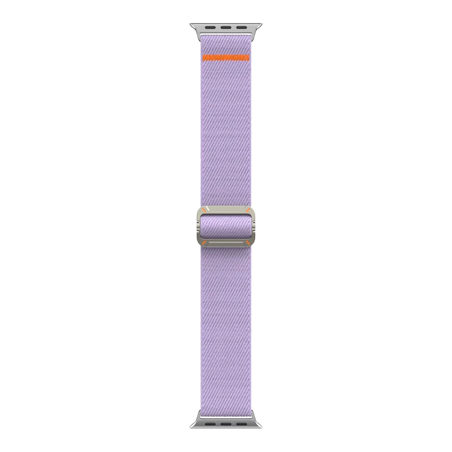 Das arktisband Apple Watch Nylonarmband "FlexOne" hat ein lavendelfarbenes Stretch-Nylonband mit silbernen Anschlüssen und einem orangefarbenen Akzent, das Stil und Komfort für Ihre Apple Watch vereint.