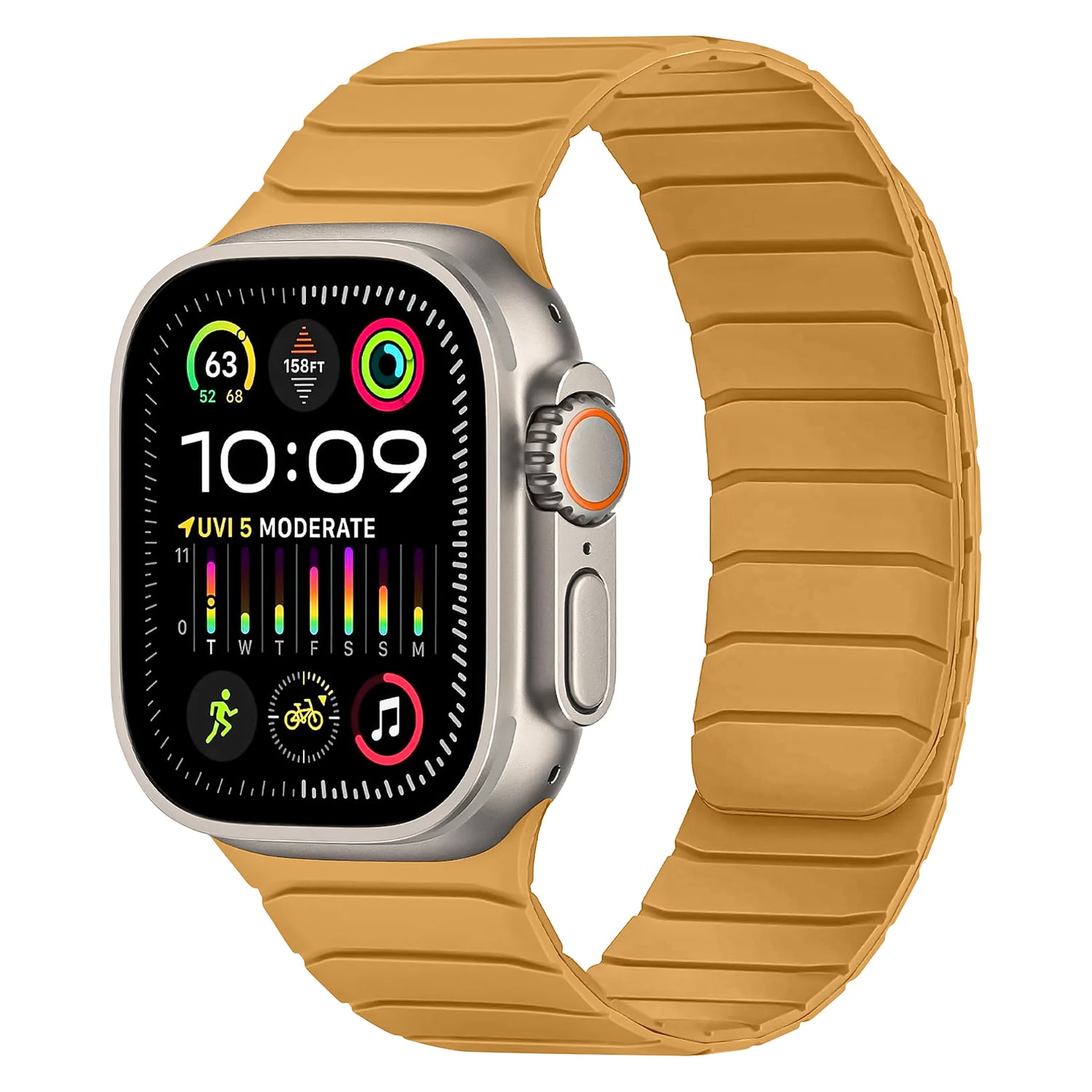 Eine Smartwatch mit rechteckigem Display, silbernem Gehäuse und strukturiertem gelbem Arktisband. Das Apple Watch Magnetarmband „MagFlow“ aus Silikon. Auf dem Bildschirm werden 10:09, Fitnessringe, Wetter, Workout und Musik-Apps angezeigt.