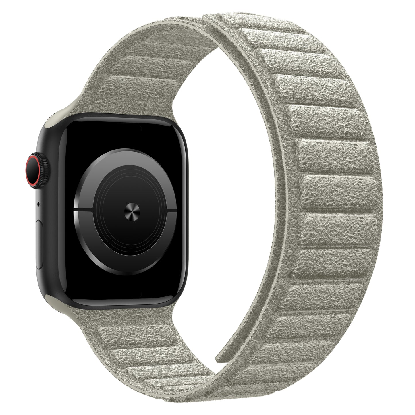 Ein graues arktisband Apple Watch Magnetband aus Alcantara, das in Italien hergestellt wird, ist auf weißem Hintergrund abgebildet.