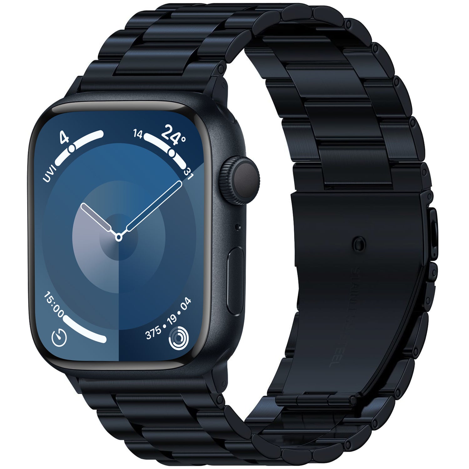 Das Arktisband Apple Watch Gliederarmband „Arctica“ wird in Schwarz mit einem blauen analogen Zifferblatt gezeigt, das Datum, UV-Index und Temperatur an den Bildschirmrändern anzeigt.