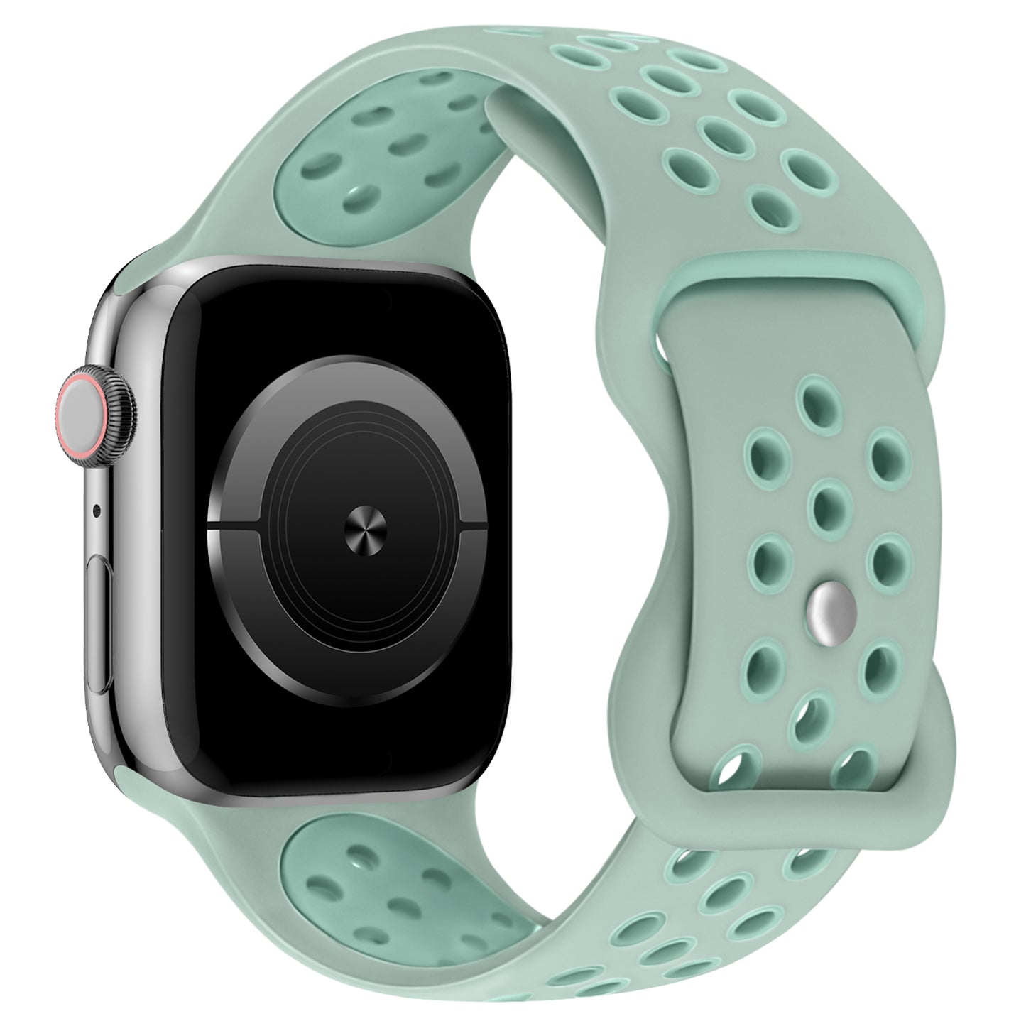 Eine Nahaufnahme des arktisband Apple Watch Silikonarmbands "Energy" in Hellblaugrün mit mehreren Perforationen, kompatibel mit der Apple Watch. Die Uhr verfügt über ein schwarzes Display, ein silbernes Gehäuse und einen roten Ring an der Seitentaste.