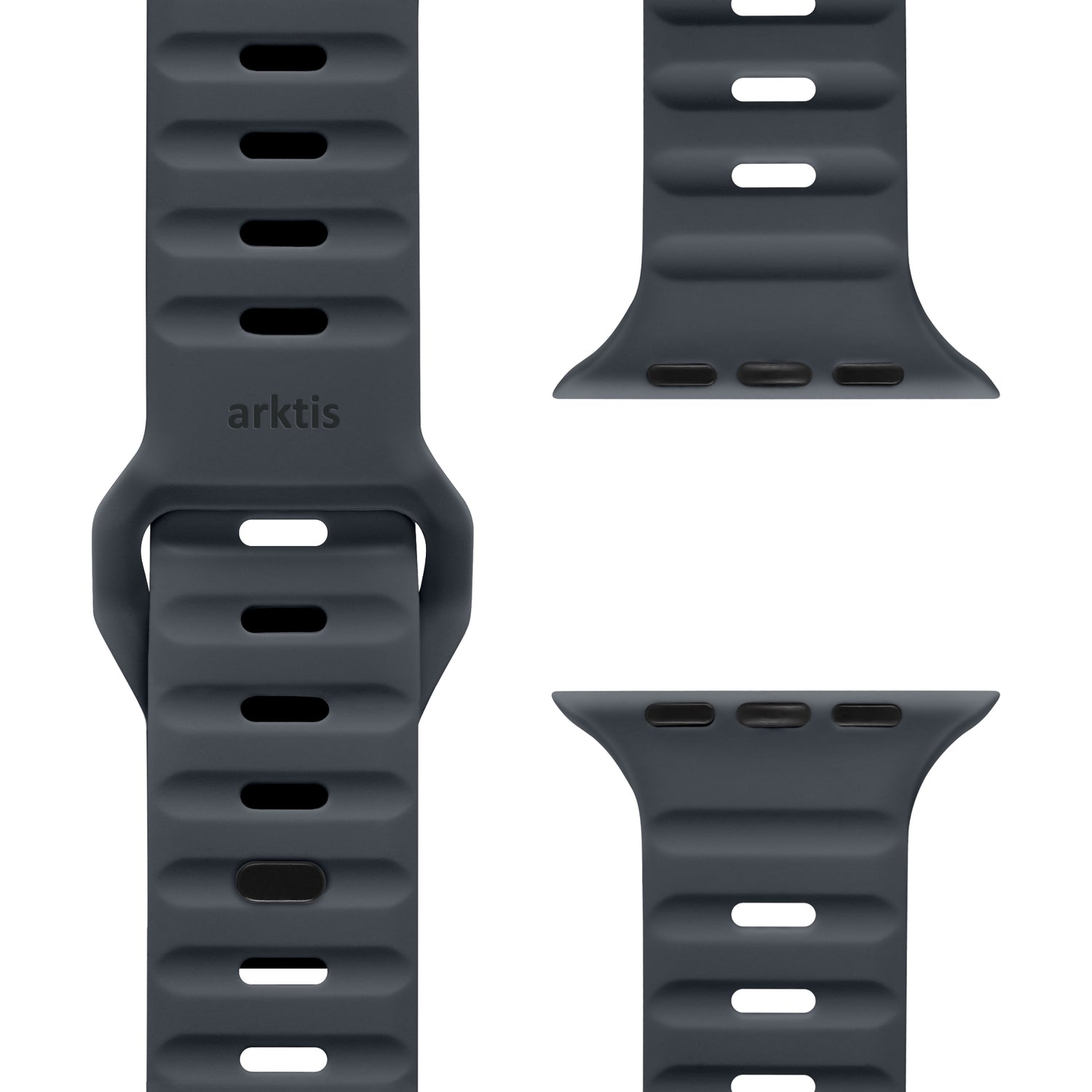 Eine Nahaufnahme des dunkelgrauen arktisband Apple Watch Silikonarmbands "Active" mit mehreren Einstelllöchern aus verschiedenen Blickwinkeln. Das eingeprägte arktisband-Logo verleiht dem Armband einen sportlichen Look.