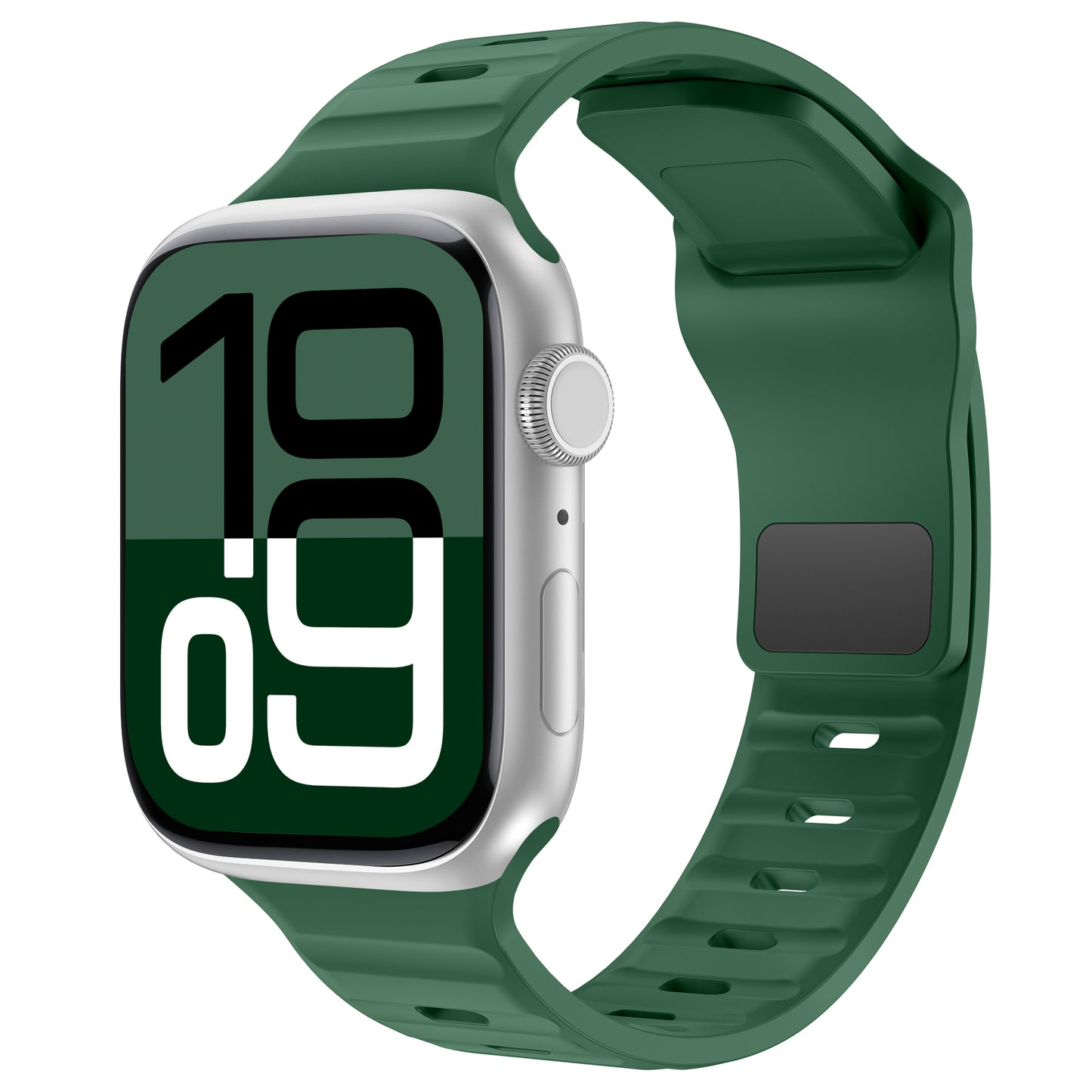 Das arktisband Apple Watch Silikonarmband "Active" von arktisband präsentiert sich in Grün mit silbernem Gehäuse und zeigt die 10:09-Uhr in großen Ziffern an. Sein atmungsaktives Design und die zahlreichen Einstellmöglichkeiten bieten Komfort und Stil.