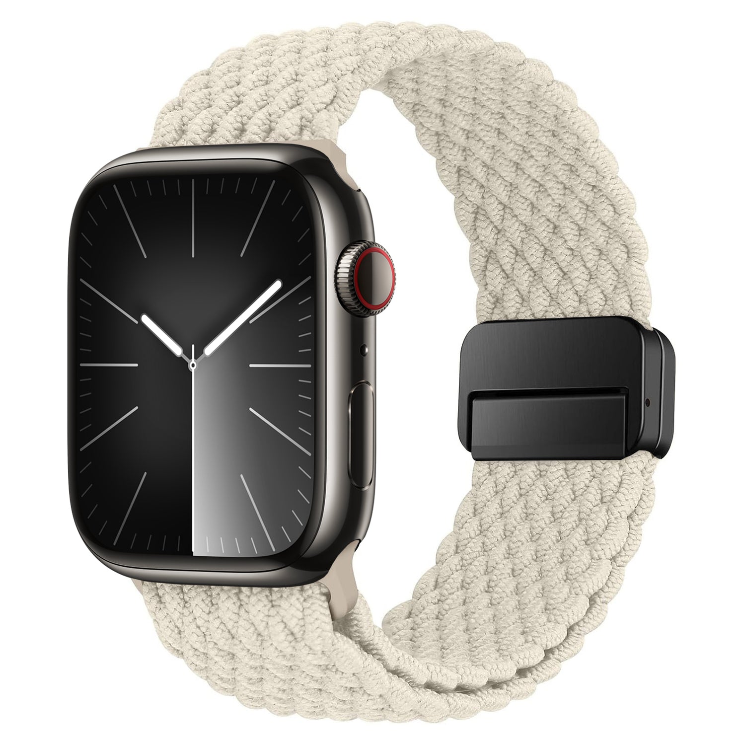 Eine Smartwatch mit rechteckigem schwarzem Bildschirm, der ein analoges Zifferblatt zeigt, ist am arktisband Geflochtenes Apple Watch Armband „Casual“ in Creme aus geflochtenem Polyester mit schwarzem Magnetverschluss befestigt.