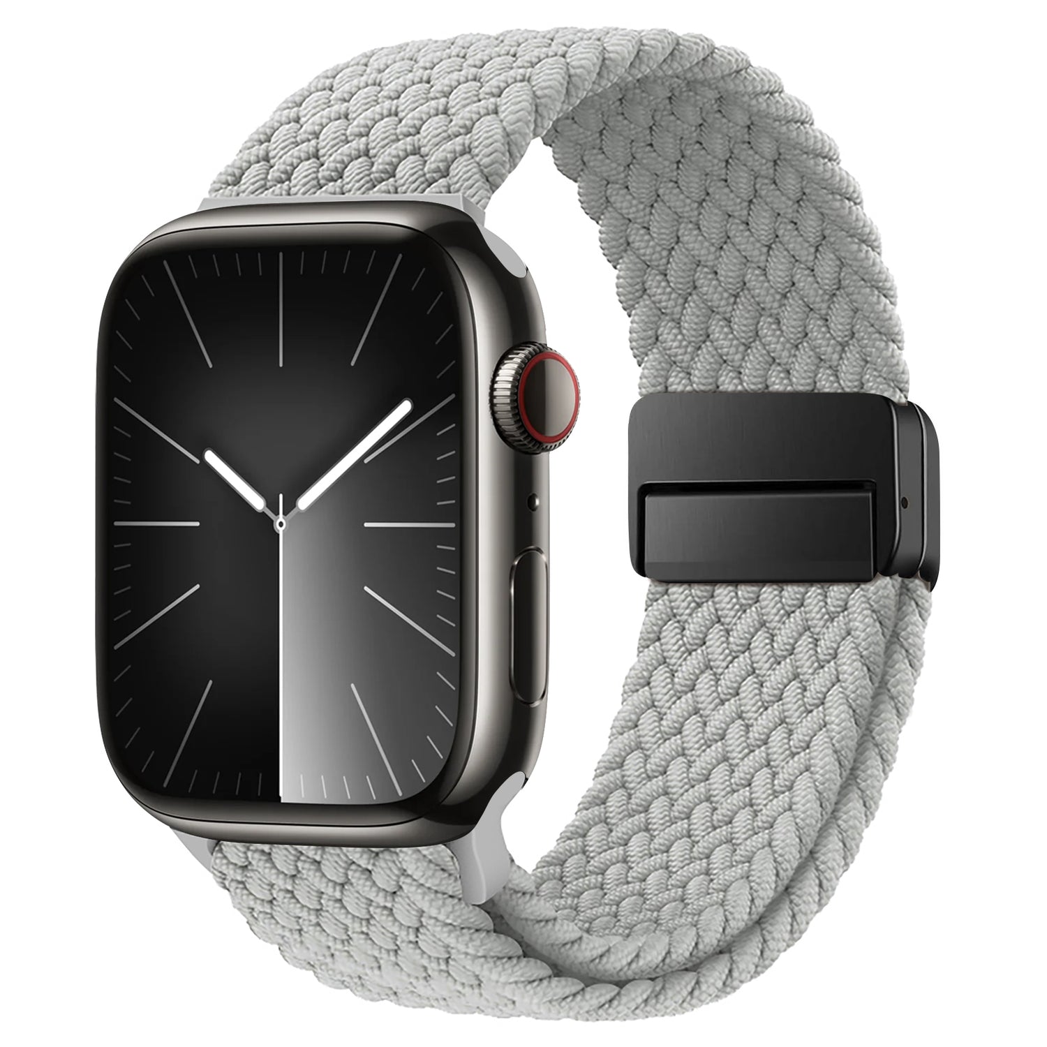 Das geflochtene Apple Watch Armband „Casual“ von arktisband mit Magnetverschluss passt perfekt zu Ihrer Smartwatch mit schwarzem Zifferblatt und verleiht einen eleganten, modernen Stil.