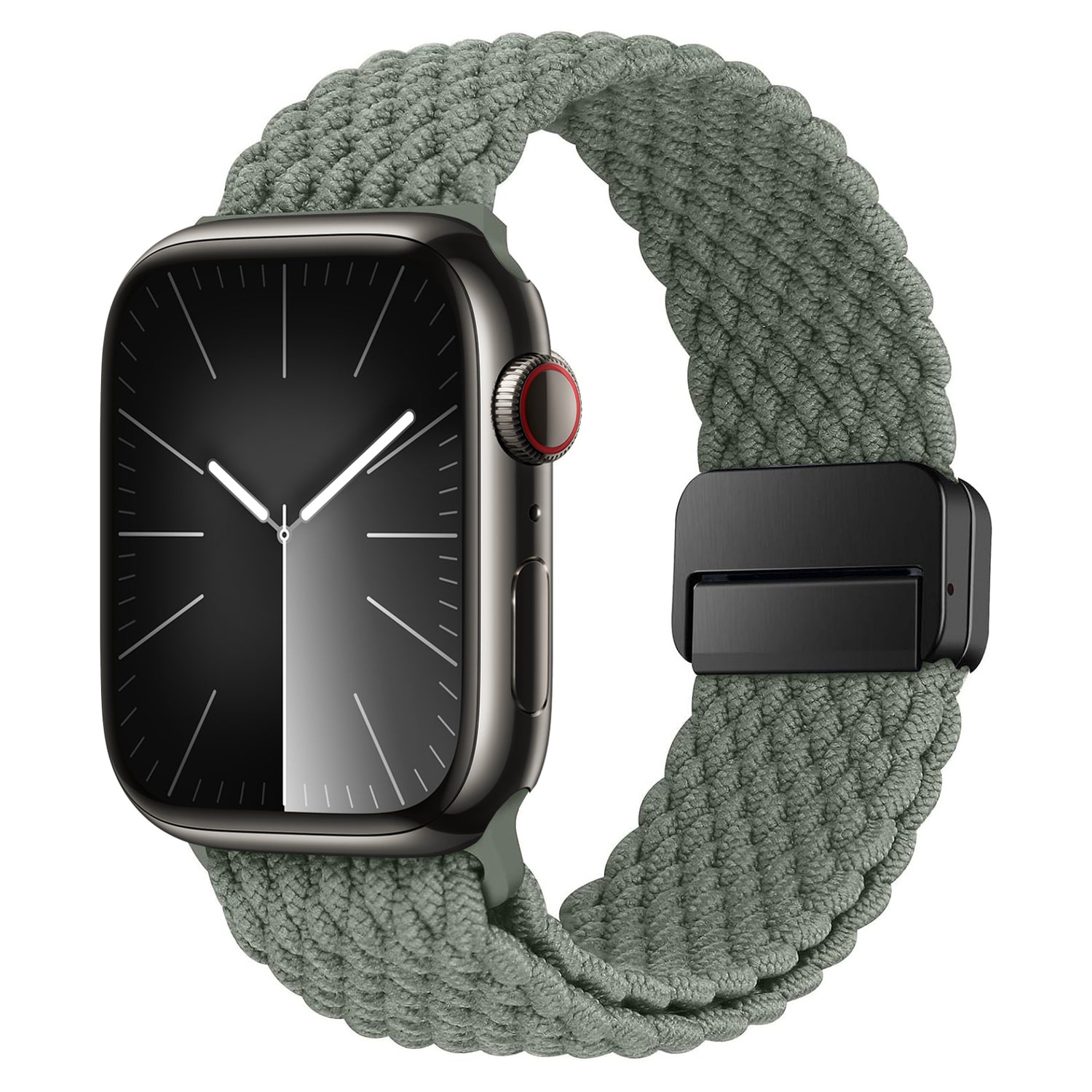 Das geflochtene Apple Watch Armband „Casual“ von arktisband in Grau verfügt über einen sicheren Magnetverschluss und passt perfekt zu einer minimalistischen schwarzen Smartwatch.