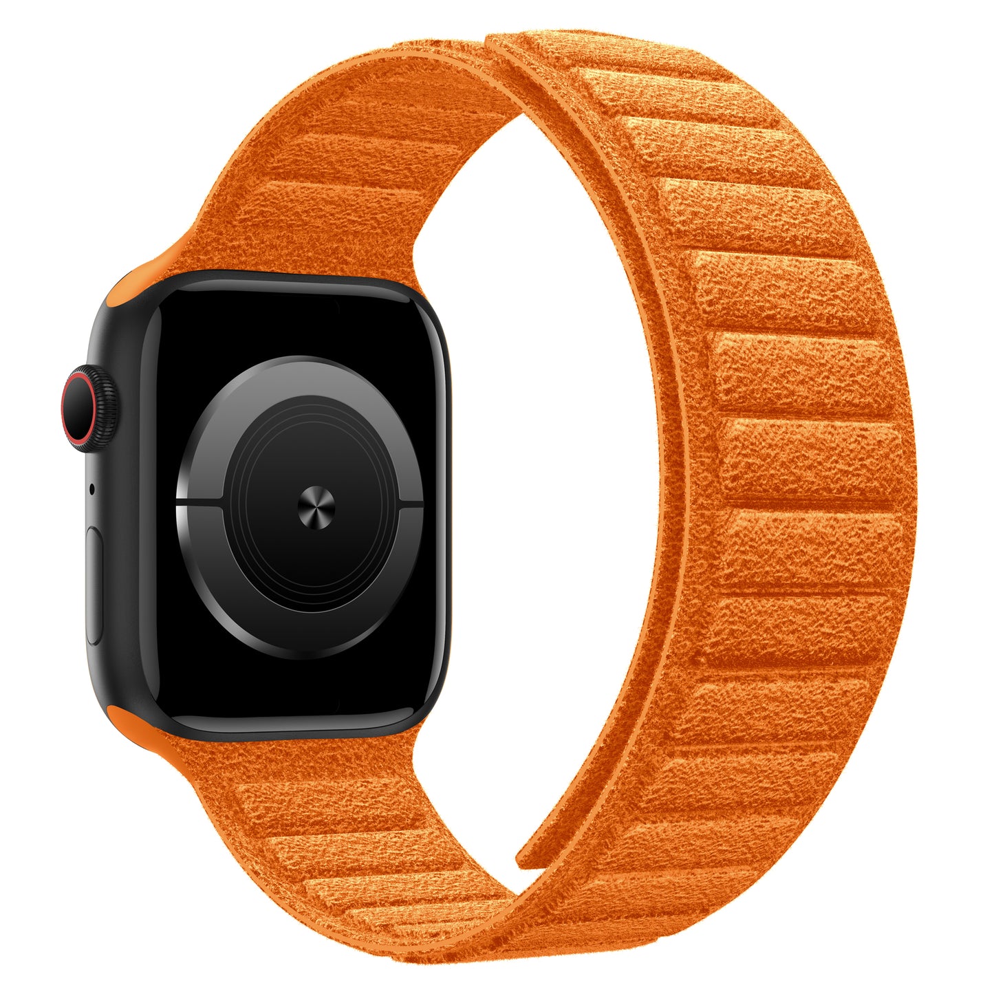 Das arktisband Apple Watch magnetisches Armband aus Alcantara zeigt eine schwarze Smartwatch mit einem orangefarbenen, strukturierten Alcantara®-Band vor einem weißen Hintergrund.