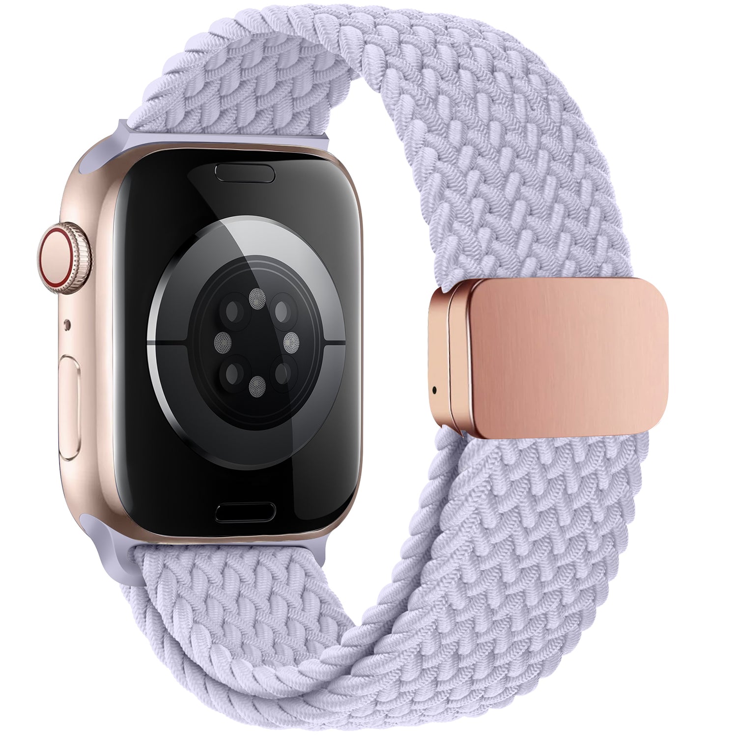 Arktisband Geflochtenes Apple Watch Armband „Casual“ mit Magnetverschluss in Lavendel, am Gold Apple Watch Gehäuse, von hinten gezeigt.