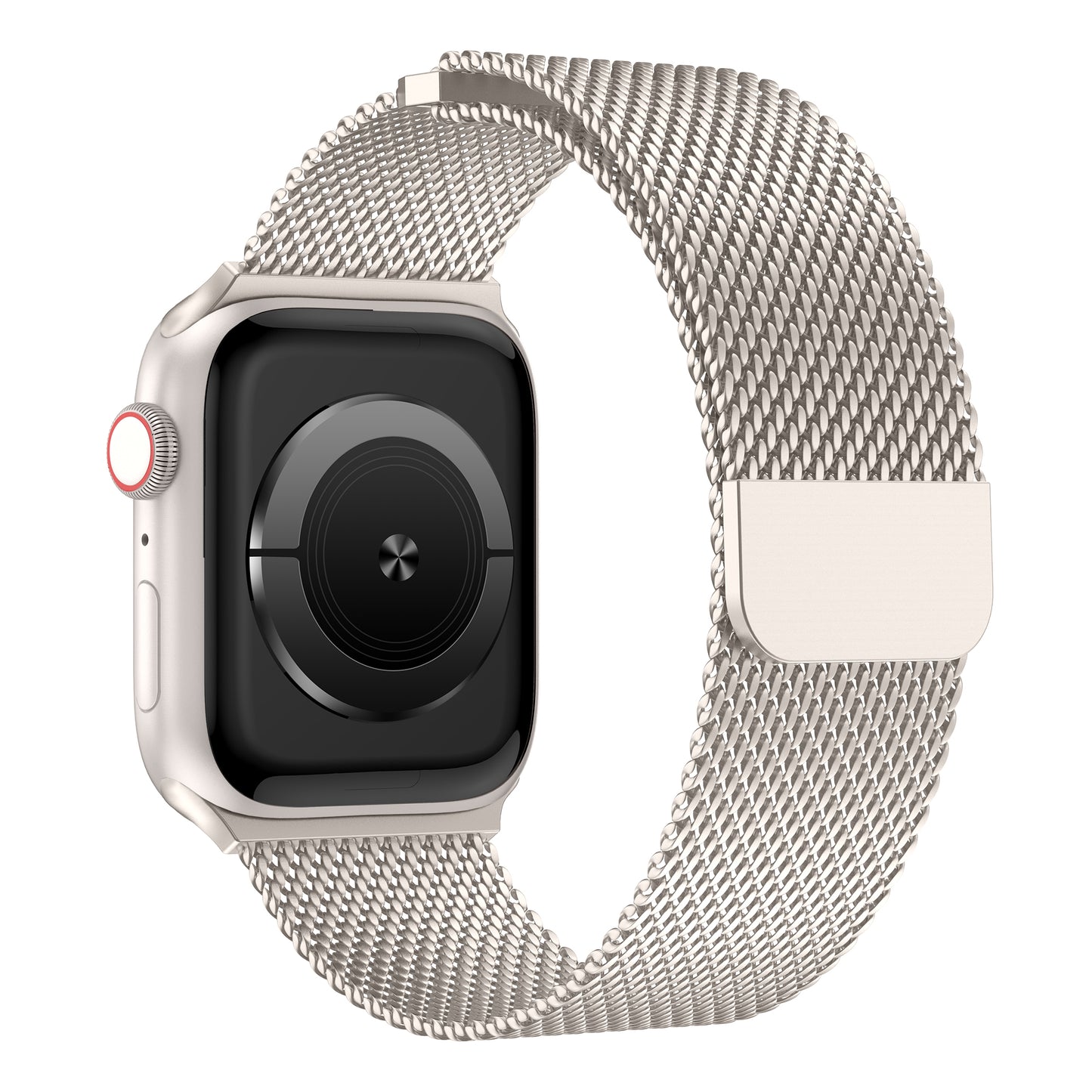Das arktisband Apple Watch Milanaise Armband „Bold“ von arktisband in Silber wird von hinten mit einem leeren schwarzen Bildschirm gezeigt.