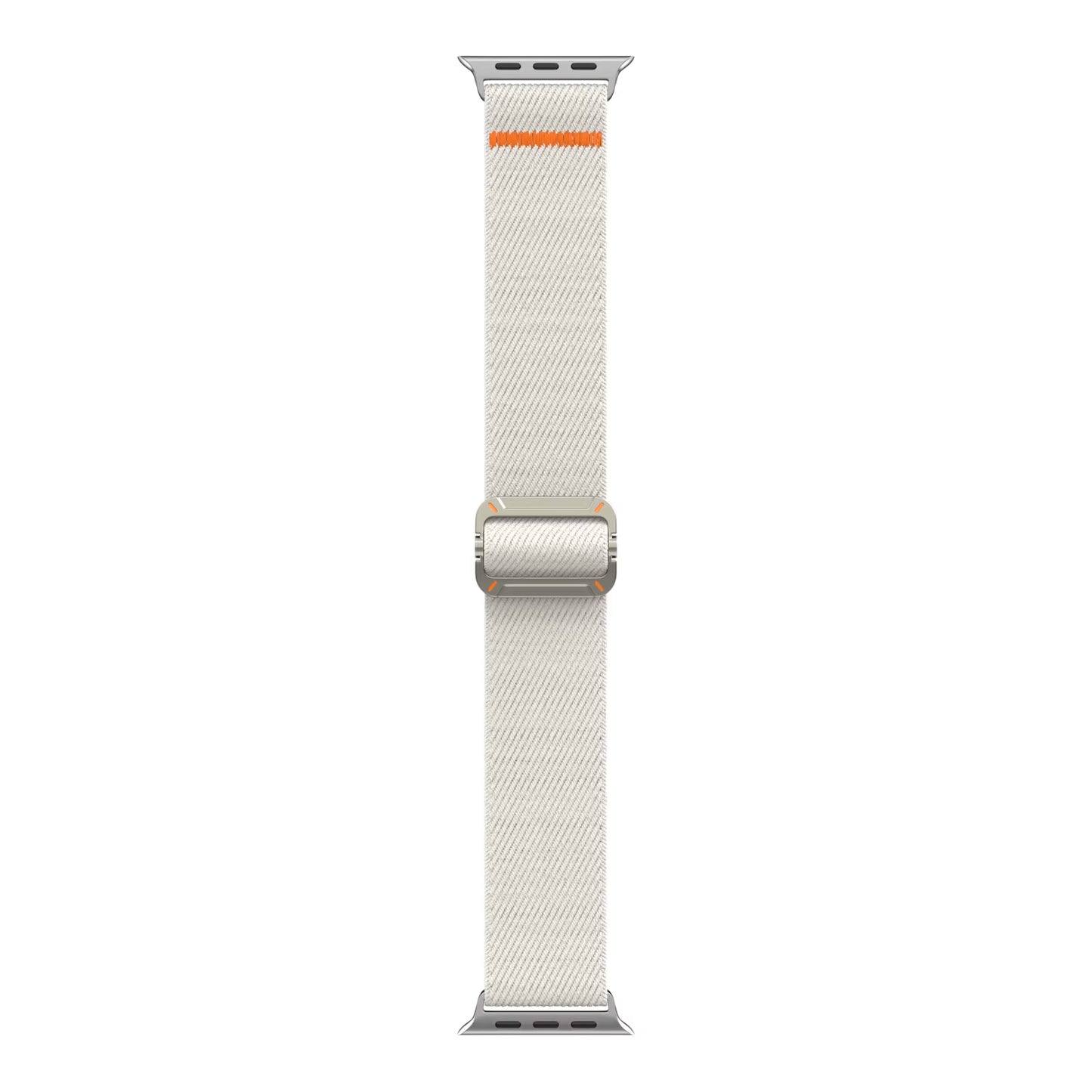 Das arktisband Apple Watch Nylonarmband "FlexOne" ist ein weißes, gewebtes Band mit einer silbernen Schließe und einem kleinen orangen Akzent, kompatibel mit der Apple Watch und vertikal dargestellt.