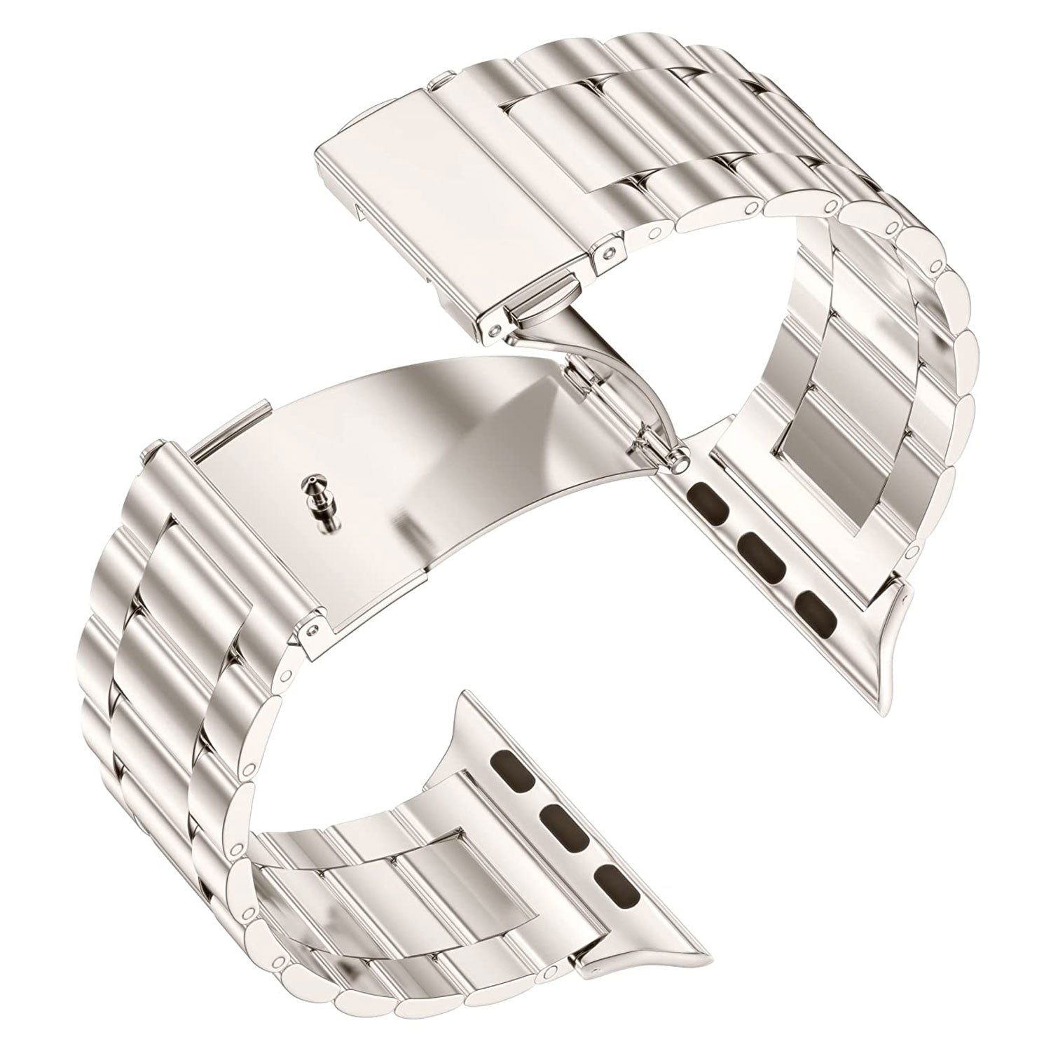 Das arktisband Apple Watch Gliederarmband „Arctica“ ist ein silbernes Edelstahlarmband mit Faltschließe und abnehmbaren Gliedern zur einfachen Größenanpassung, entworfen von arktisband für die Apple Watch.