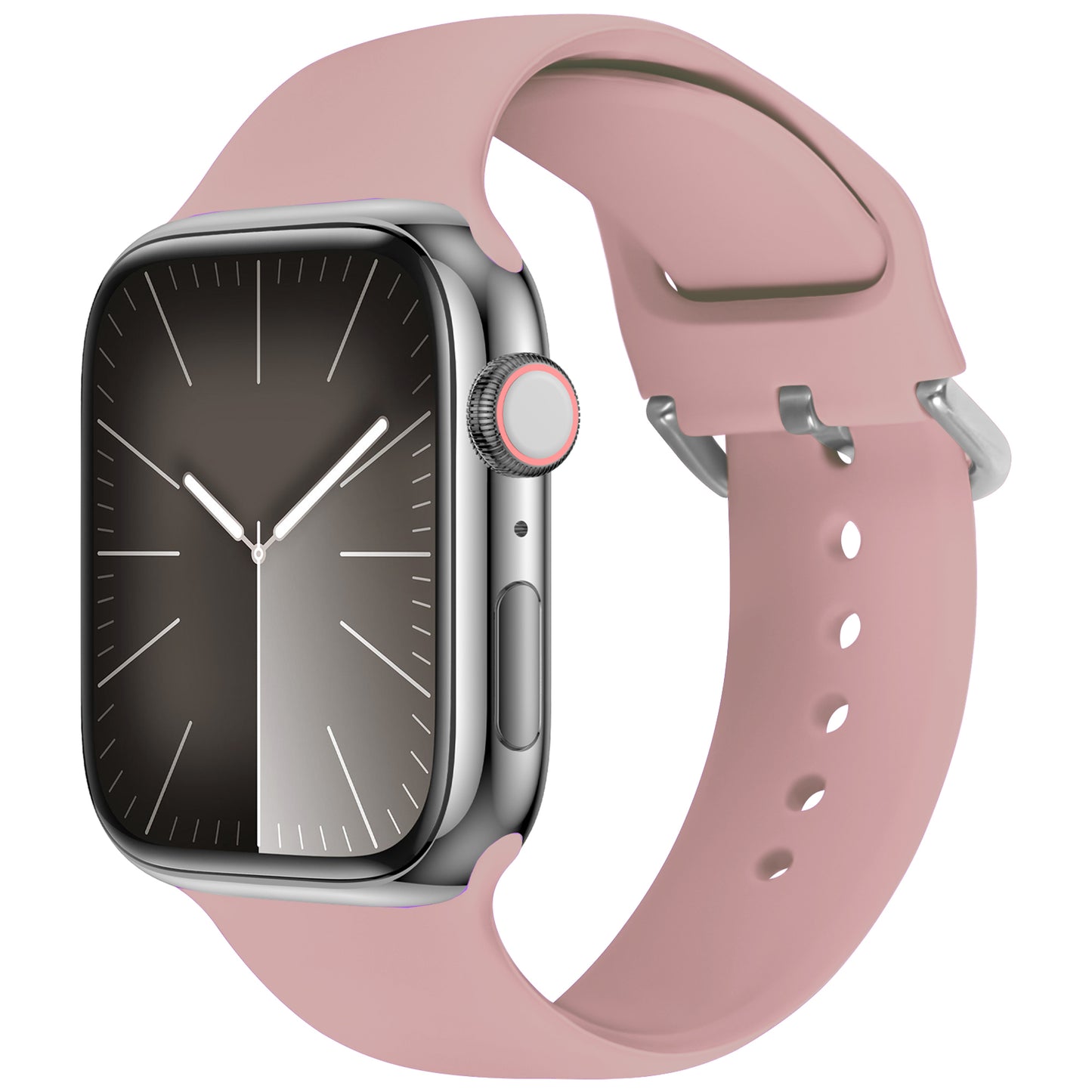 Das arktisband Apple Watch Silikonarmband "Aqua" ist ein pinkfarbenes, verstellbares Sportarmband, das Komfort und Stil vereint. Sein minimalistisches Design mit rechteckigem schwarzem Display und silbernem Rahmen ist perfekt für den Alltag.