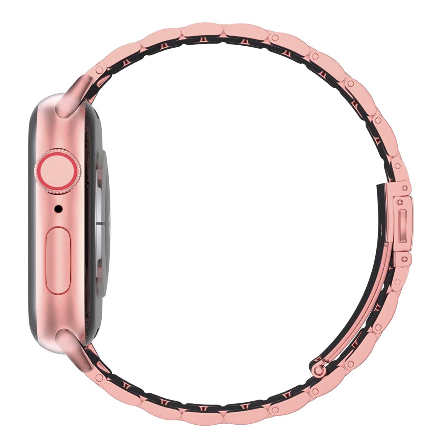 Seitenansicht eines Arktisband Apple Watch Gliederarmbands „Arctica“ mit roségoldenem Metallgehäuse und passendem Armband vor weißem Hintergrund. Krone und Seitenknopf sind sichtbar.