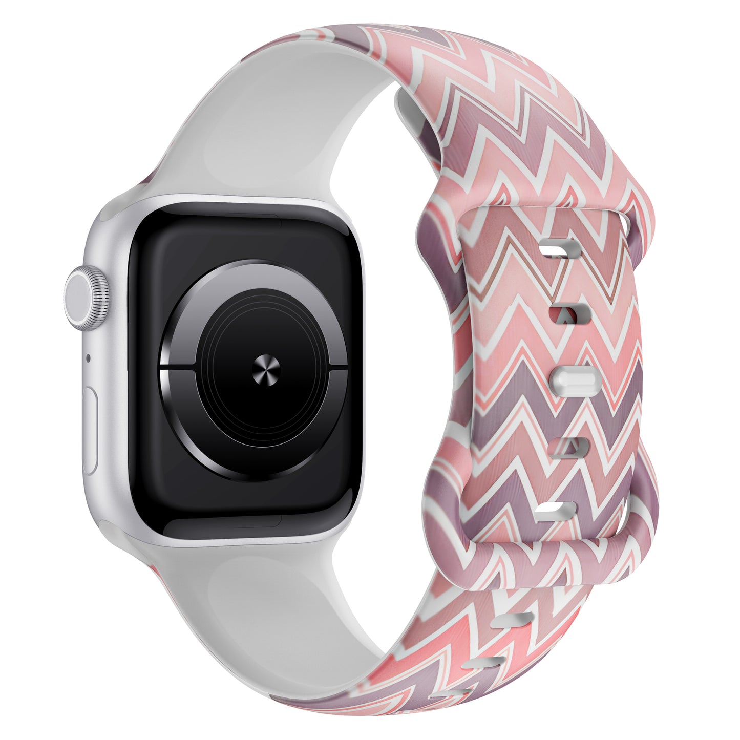 Arktisband EDITION für Apple Watch mit rosa und weißem Zickzack arktisband Sportarmband und blankem schwarzen Display.