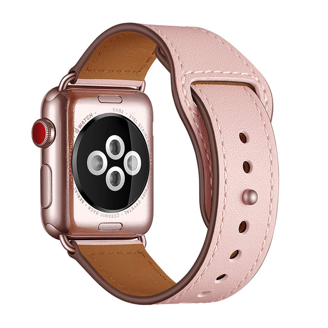 Eine roségoldene Smartwatch mit einem Arktisband Apple Watch Kunstlederarmband in rosa, gezeigt von der Rückseite mit Sensoren und der Schnalle für maximalen Tragekomfort.