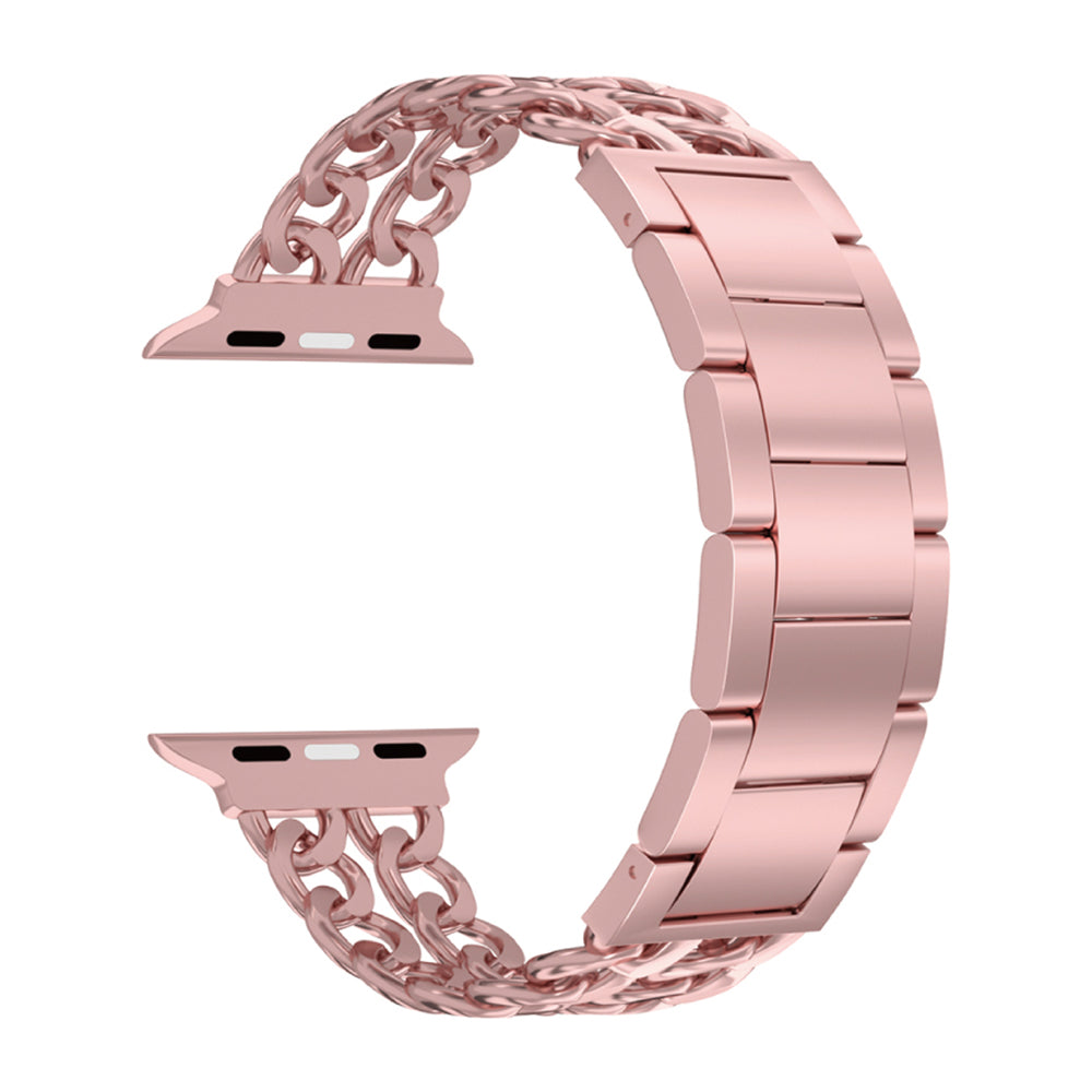 Das arktisband Apple Watch Armband „Princess“ von arktisband in Roségold verfügt über eine glanzvolle Gliederstruktur mit Kettengliedern auf der einen Seite und massiven rechteckigen Gliedern auf der anderen, gebogen dargestellt mit Anschlüssen zur Smartwatch-Befestigung.