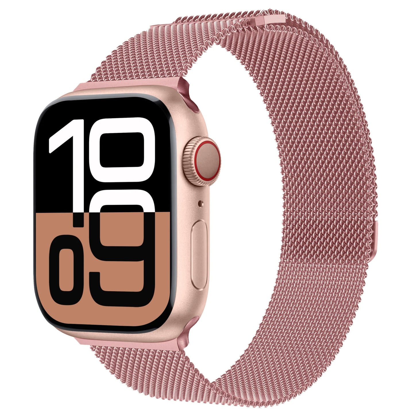 Das arktisband Apple Watch Milanaise Loop Armband verleiht Ihrer roségoldenen Apple Watch einen modernen Touch, indem es ein schlankes Edelstahlband mit einer auffälligen Digitalanzeige kombiniert.