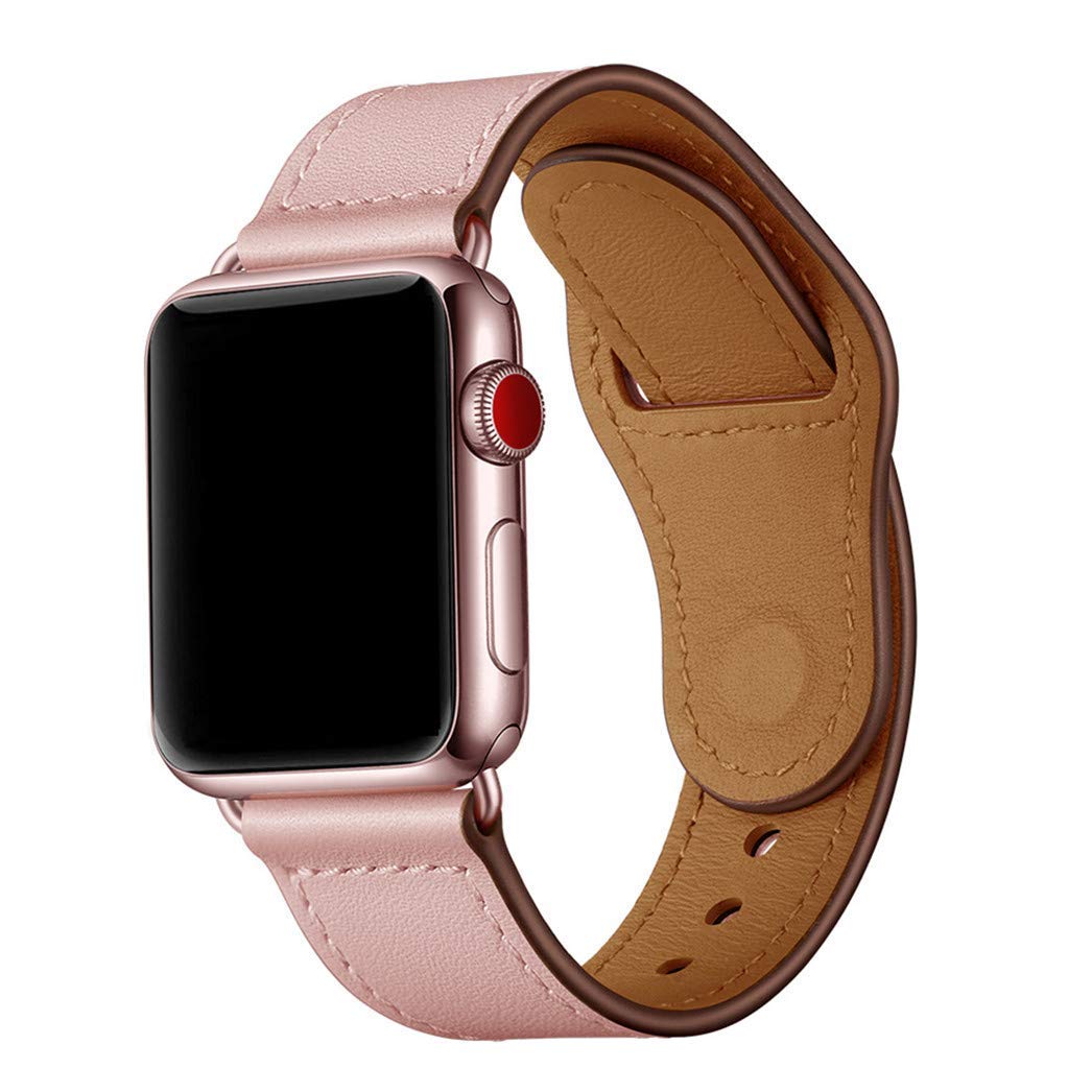 Das arktisband Apple Watch Lederarmband „Novus“ kombiniert ein roségoldenes Gehäuse und ein leeres schwarzes Display mit einem edlen rosa-braunen Armband – ideal für alle, die Wert auf maximalen Tragekomfort und einen minimalistischen Look legen.