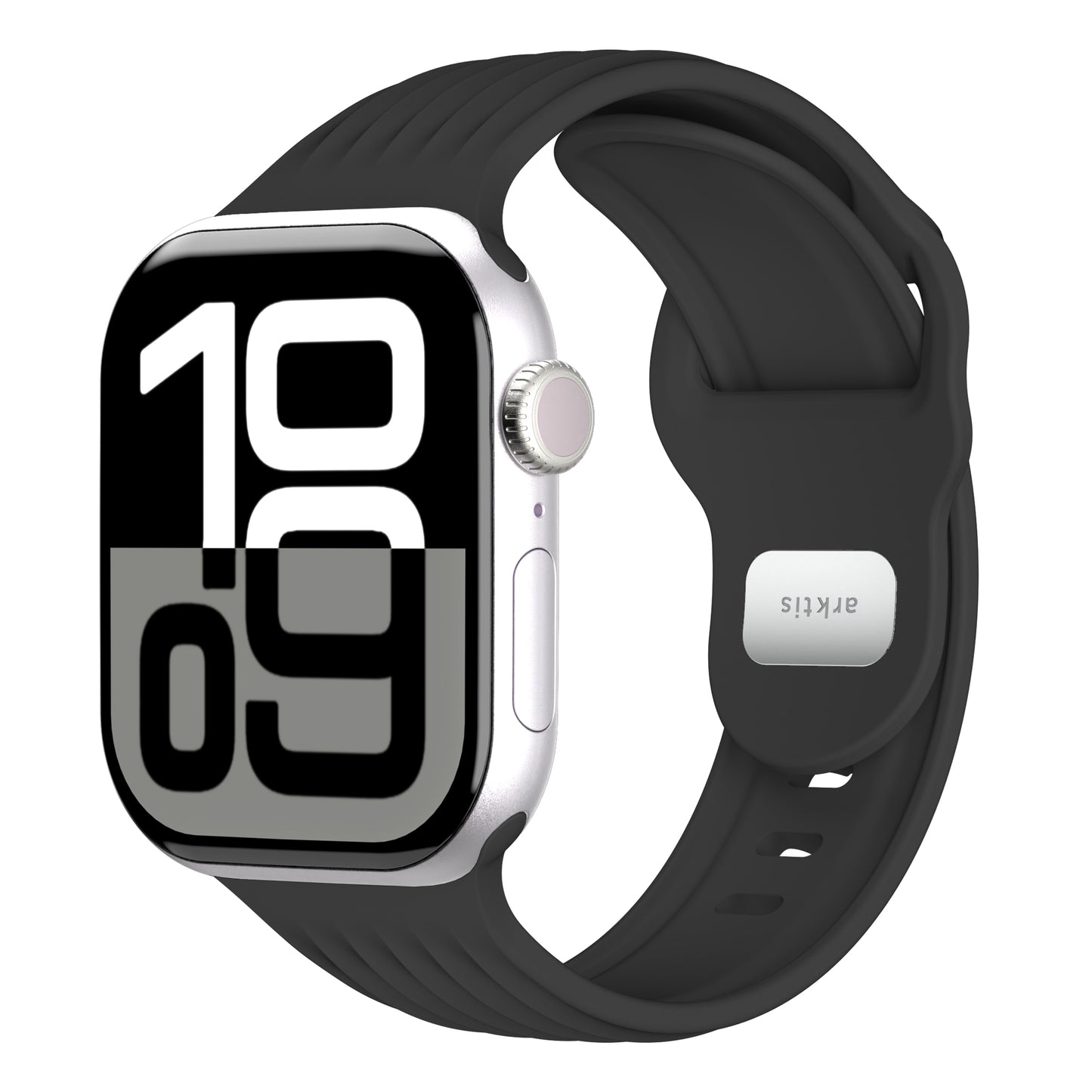 Ein arktisband Apple Watch Armband "Skandi" zeigt die Zeit 10:09 in großen weißen und grauen Zahlen auf dem Bildschirm an und ist mit einem schwarzen Fluorelastomer-Band ausgestattet.