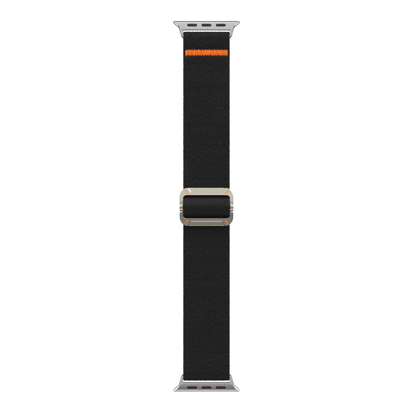 Das Arktisband Apple Watch Nylonarmband "FlexOne" ist ein schwarzes gewebtes Nylonband mit silberner Schließe und kleinem orangen Streifen, kompatibel mit Apple Watch, abgebildet auf weißem Hintergrund.