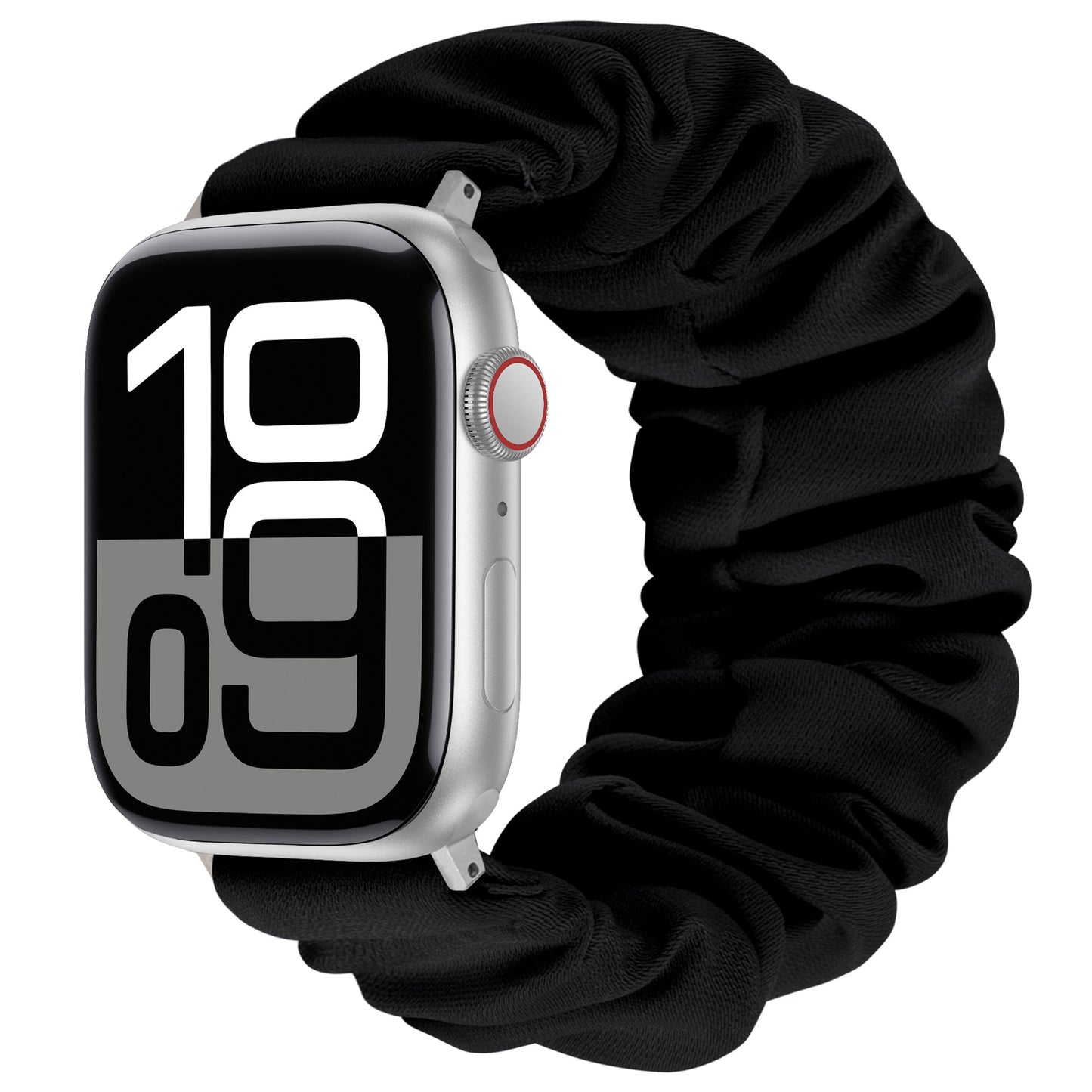 Das arktisband Apple Watch Scrunchie Armband "Elanora" ist ein schwarzes, elastisches Band, das mit der Apple Watch kompatibel ist und einen bequemen Sitz und einen stilvollen Alltagslook für silberne Smartwatches mit großem Digitaldisplay bietet.