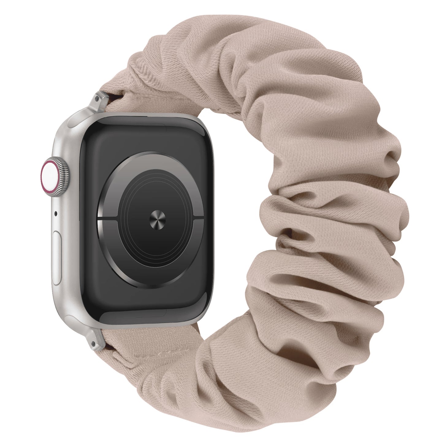 Das arktisband Apple Watch Scrunchie Armband "Elanora" besteht aus einem beigen, elastischen Stoffband, das auf einem weißen Hintergrund abgebildet ist.