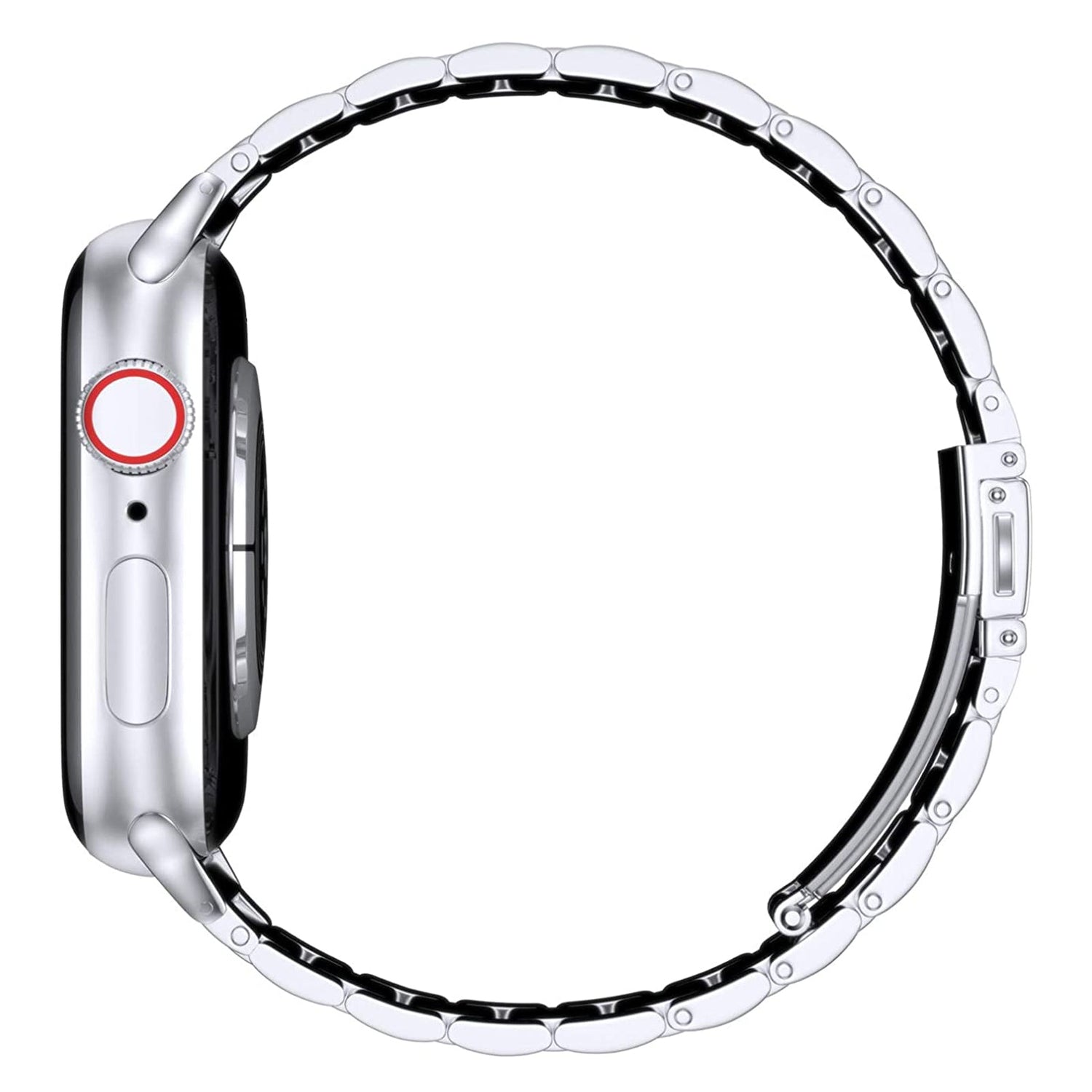 Das silberne Apple Watch Gliederarmband „Arctica“ von Arktisband ist von der Seite zu sehen. Die Krone und der seitliche Knopf sind mit einem roten Ring versehen. Das Zifferblatt ist verdeckt, was das elegante Edelstahl-Armband-Design unterstreicht.