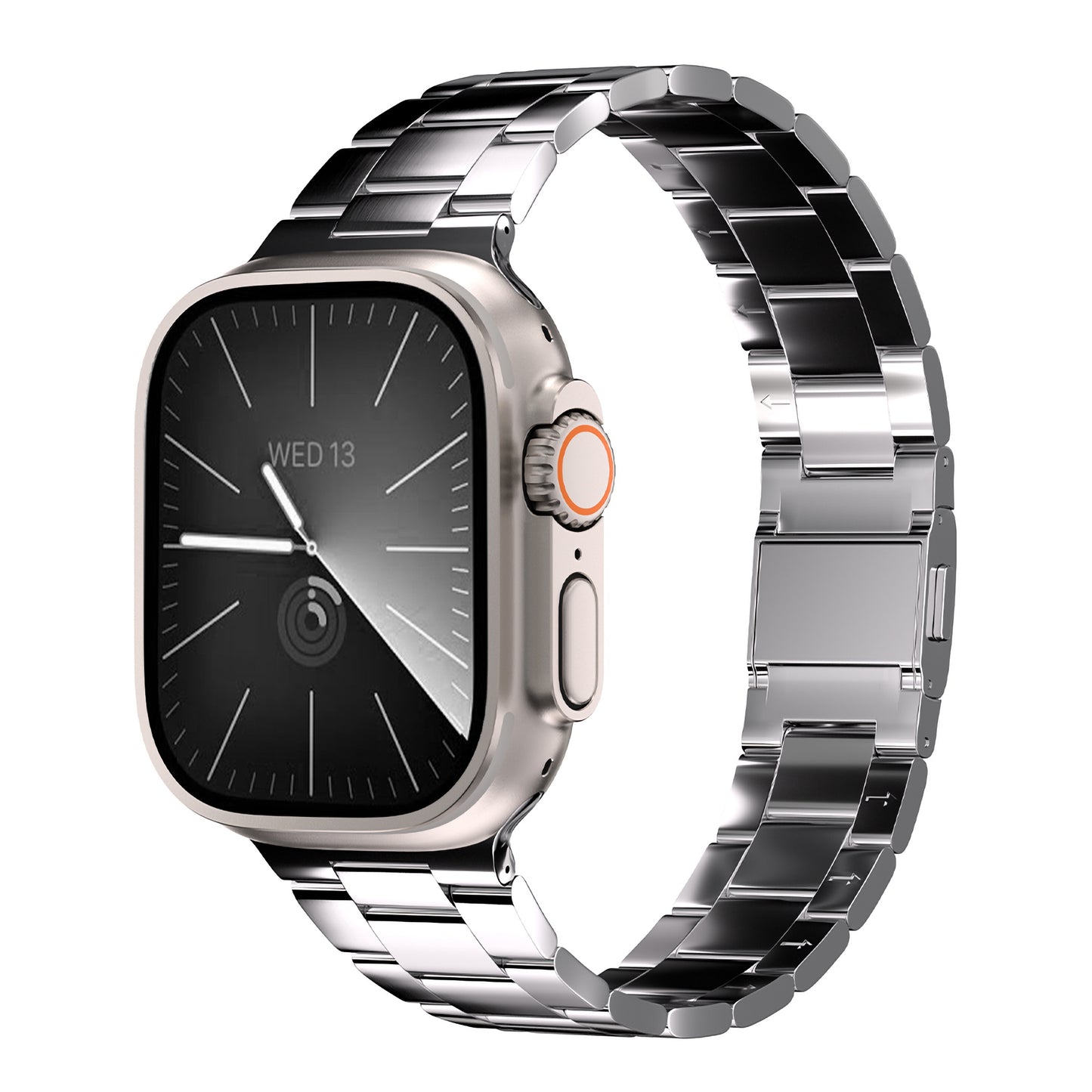 Das arktisband Apple Watch Gliederarmband „Prime“ von arktisband verfügt über einen rechteckigen Touchscreen, Zeit- und Datumsanzeige, kreisförmige Krone mit orangefarbenem Ring, ein elegantes Edelstahlarmband und sicheren MagneticClick-Verschluss.