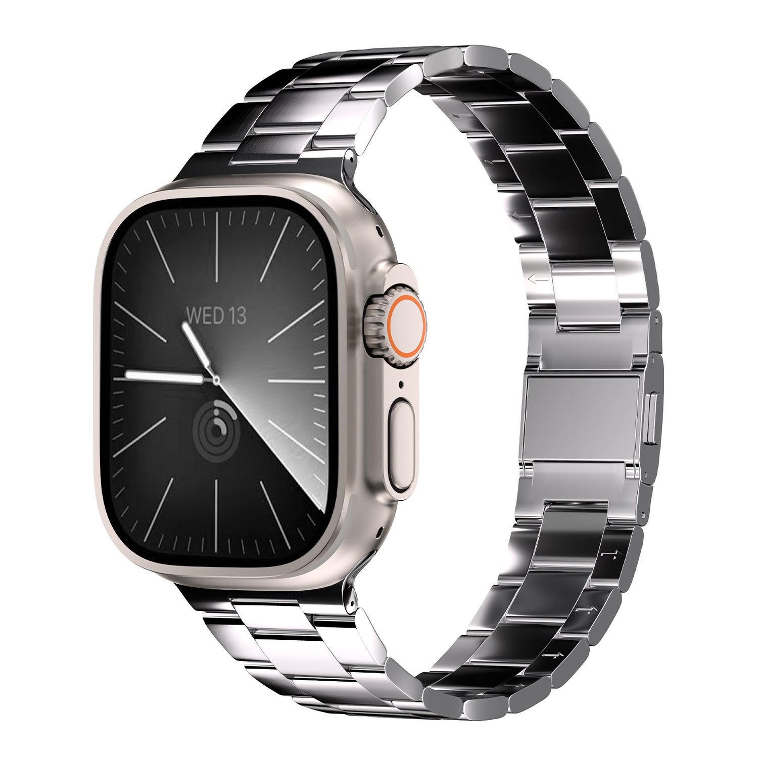 Das arktisband Apple Watch Gliederarmband „Prime“ von arktisband verfügt über einen rechteckigen Touchscreen, Zeit- und Datumsanzeige, kreisförmige Krone mit orangefarbenem Ring, ein elegantes Edelstahlarmband und sicheren MagneticClick-Verschluss.