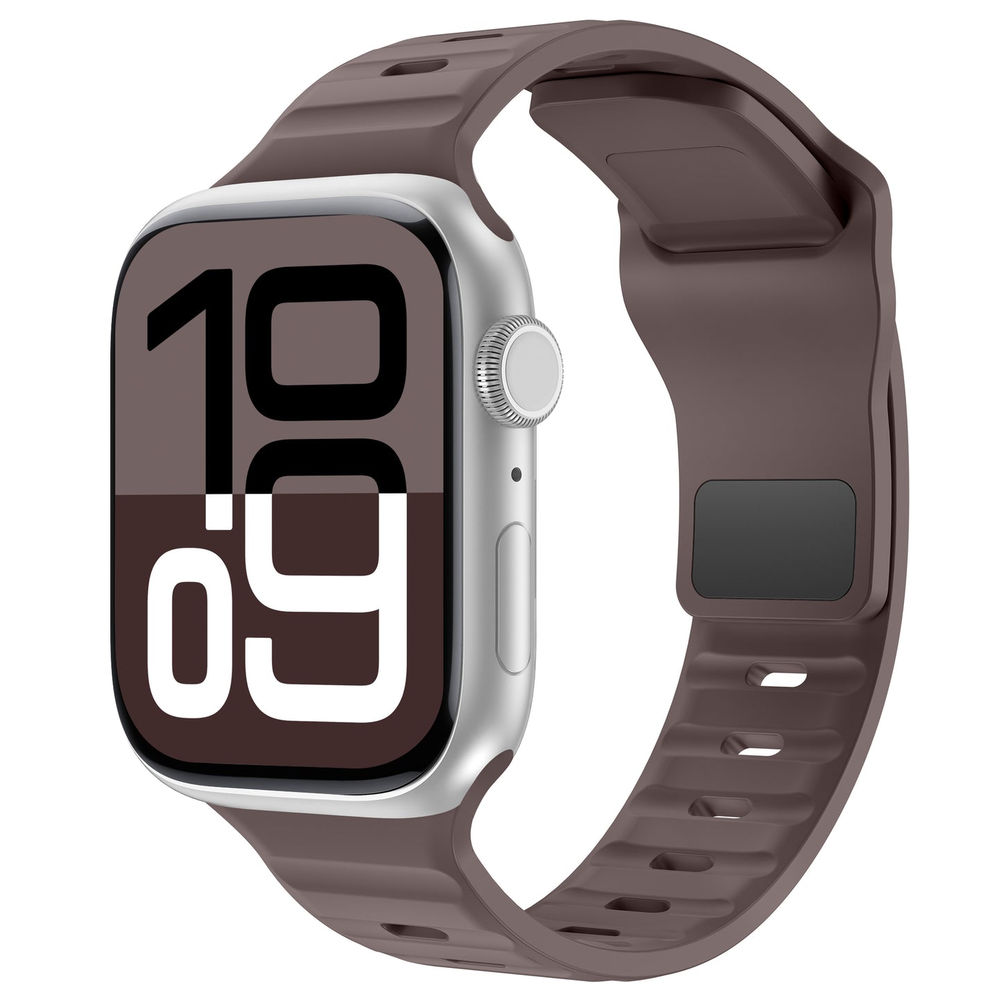 Das arktisband Apple Watch Silikonarmband „Active“ wird mit einem silbernen Gehäuse, einem braunen Silikonband und einem digitalen Display präsentiert, das 10:09 in fettgedruckten schwarz-weißen Blockzahlen anzeigt.