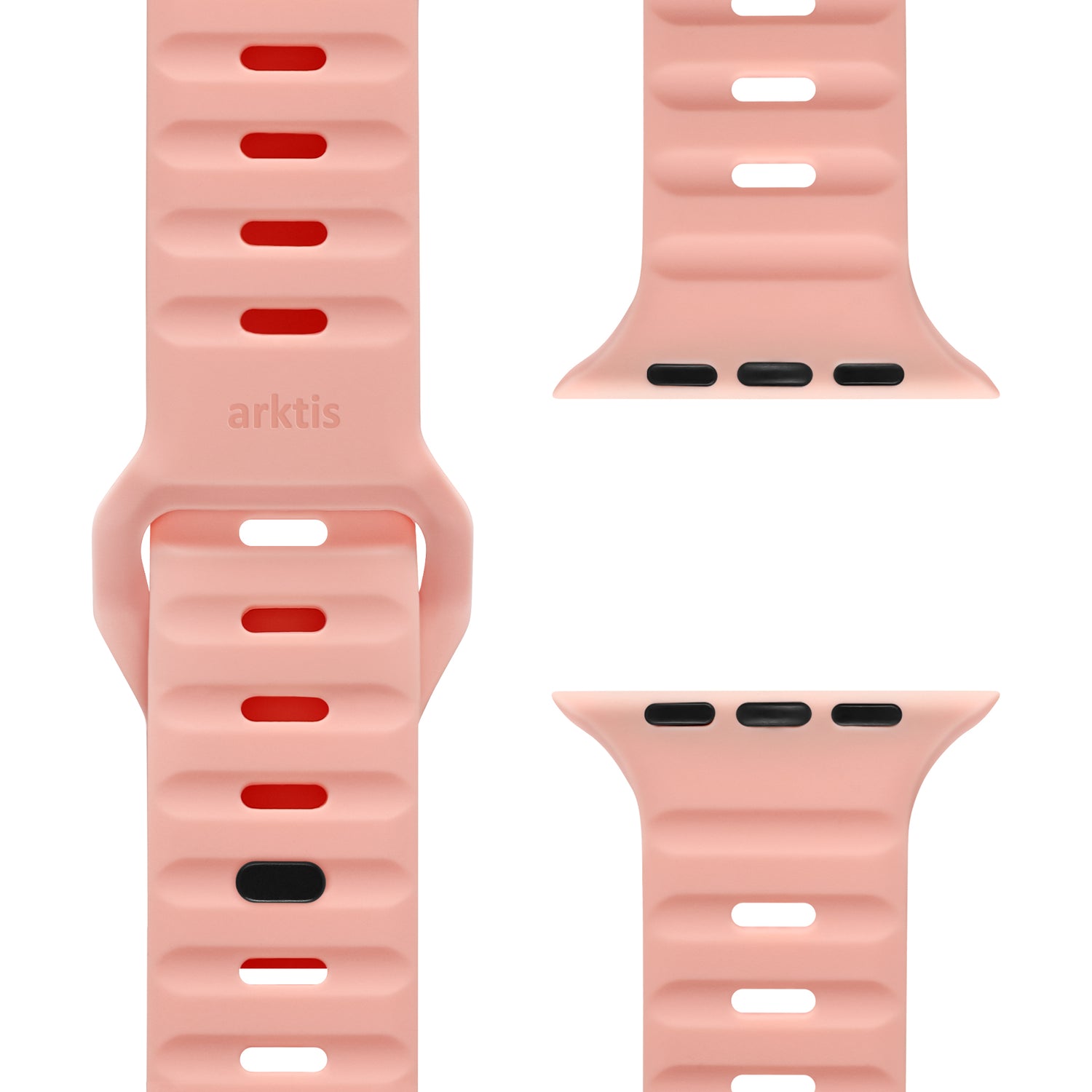 Nahaufnahme des arktisband Apple Watch Silikonarmbands „Active“ in Pink mit schwarzen Akzenten, das sein atmungsaktives Design, Belüftungslöcher, Anschlüsse für einfaches Anbringen und das arktisband-Logo auf dem Band zeigt.