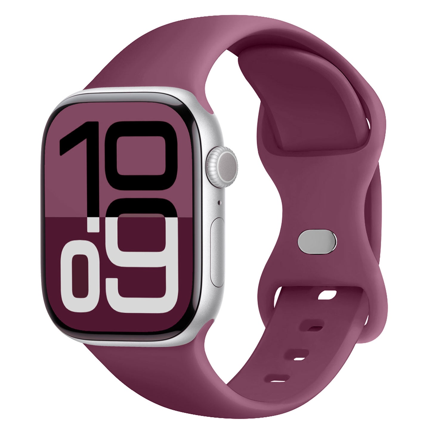 Ein arktisband Apple Watch Silikonarmband "Sport" in kastanienbraun wird an einer Smartwatch mit der Anzeige 10:09 gezeigt. Das schweißabsorbierende Silikonarmband von arktisband sorgt für Komfort bei jeder Aktivität.