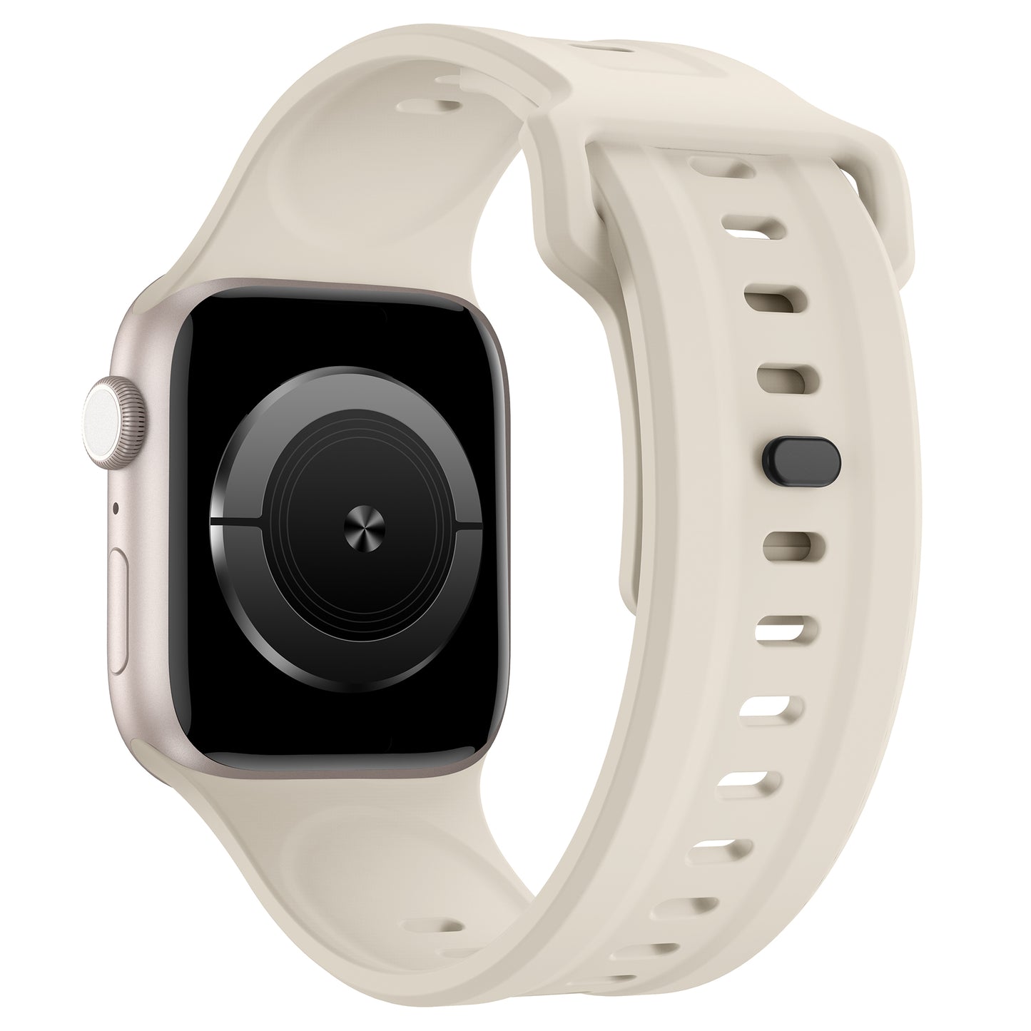 Das arktisband Apple Watch FKM Sportarmband „Sweat“ von arktisband wird in Beige mit einem leeren schwarzen runden Display gezeigt, wodurch das strapazierfähige elastische Fluorelastomerband, der seitliche Knopf und die Bandlöcher hervorgehoben werden.