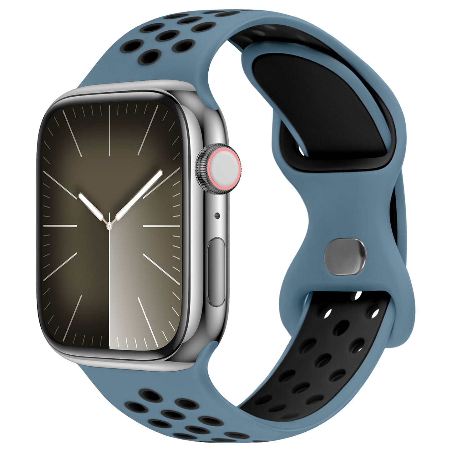 Das arktisband Apple Watch Silikonarmband „Energy“ von arktisband mit einem blau-schwarzen perforierten Armband ist auf einer Smartwatch mit rechteckigem Zifferblatt abgebildet, das eine minimalistische analoge Uhr auf weißem Hintergrund anzeigt.
