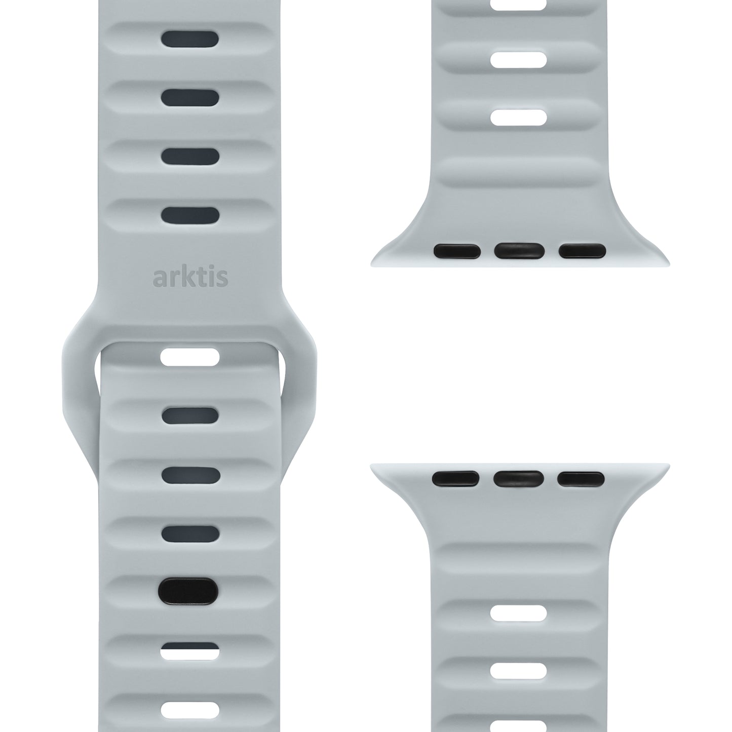 Das arktisband Apple Watch Silikonarmband „Active“ in Grau verfügt über horizontale Rillen, ein atmungsaktives Design und wird aus verschiedenen Winkeln mit Nahaufnahmen der Schnalle und der Verbindungsstücke gezeigt.