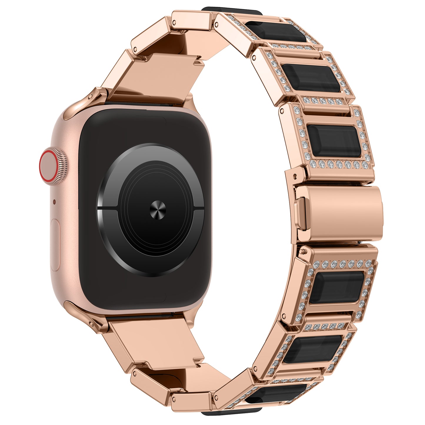 Das arktisband Apple Watch Gliederarmband „Senorita“ ist ein roségoldenes Edelstahlarmband mit schwarzen rechteckigen Inlays und Strasssteinreihen und ist Apple Watch kompatibel. Mit einem rot akzentuierten Knopf an der Seite. Marke: arktisband.