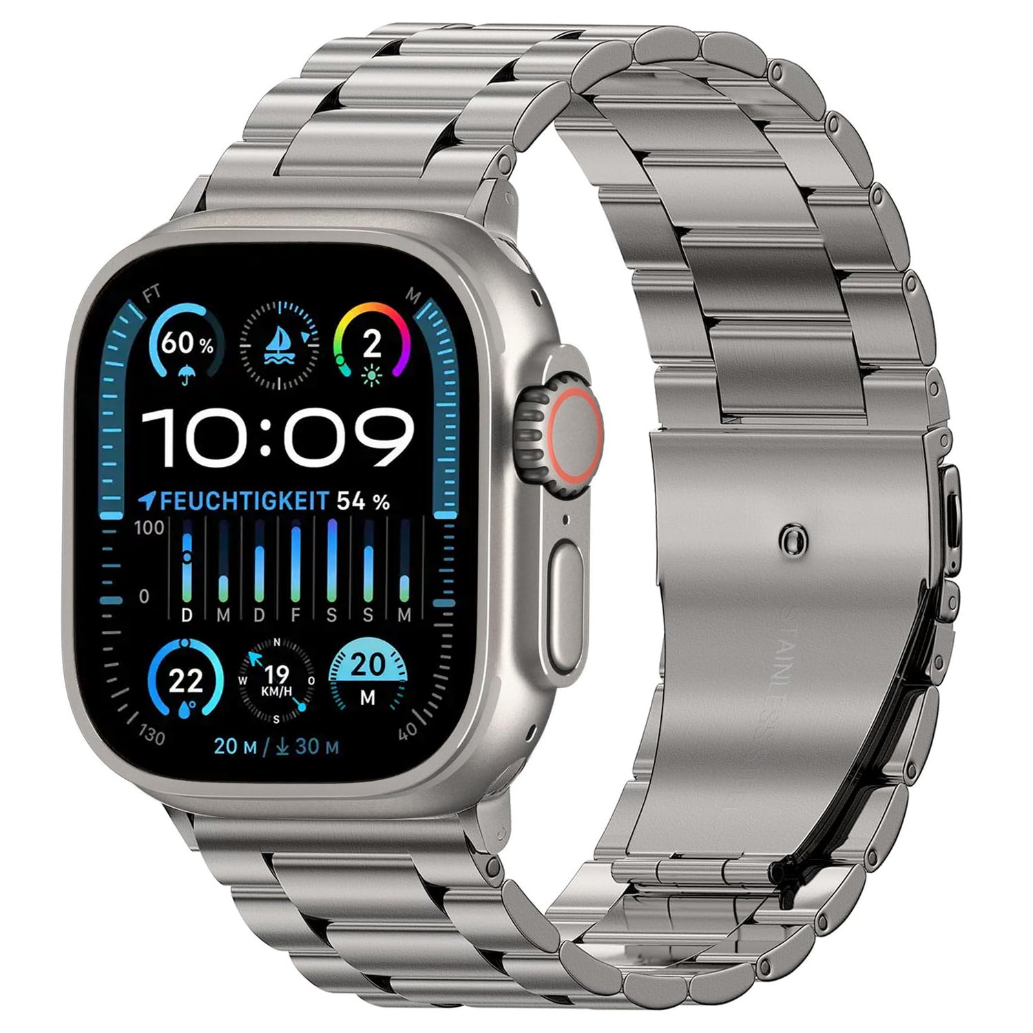 Das arktisband Apple Watch Gliederarmband „Arctica“ von arktisband ist eine silberne Smartwatch mit einem Edelstahlarmband, das ein farbenfrohes digitales Zifferblatt mit Uhrzeit (10:09), Wetter, Aktivitätsringen, Datum und Fitnessstatistiken anzeigt.